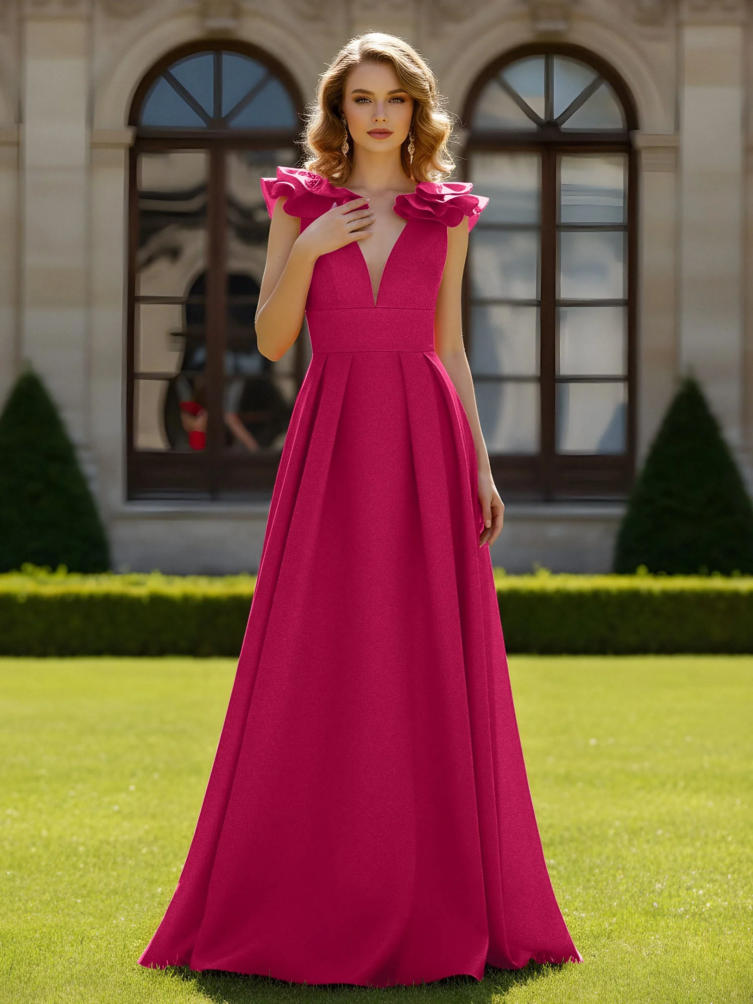 A-Linien Kleid mit skulpturalem Schultervolant und V-Ausschnitt Fuchsia