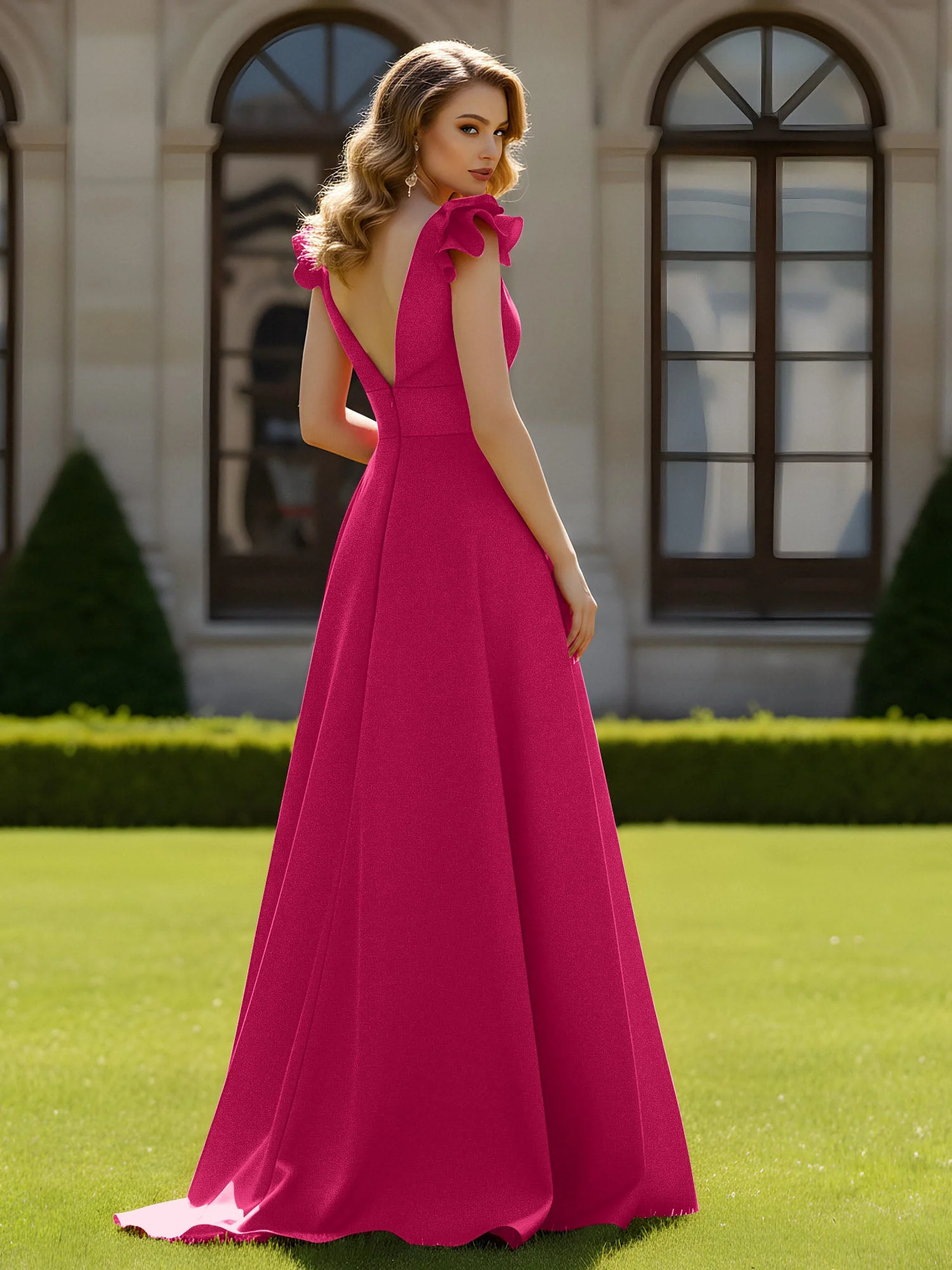 A-Linien Kleid mit skulpturalem Schultervolant und V-Ausschnitt Fuchsia - Image 2