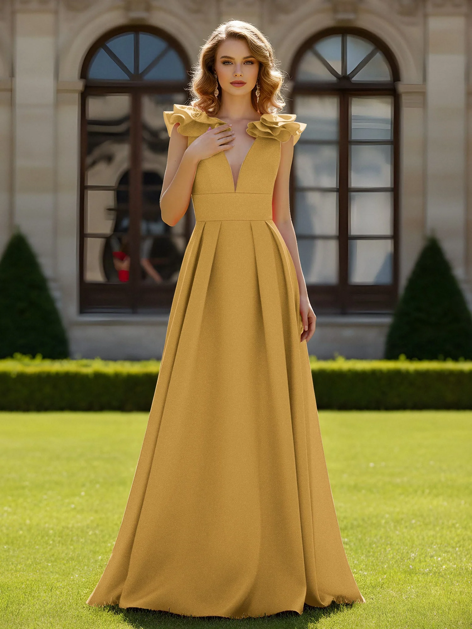 A-Linien Kleid mit skulpturalem Schultervolant und V-Ausschnitt Gold