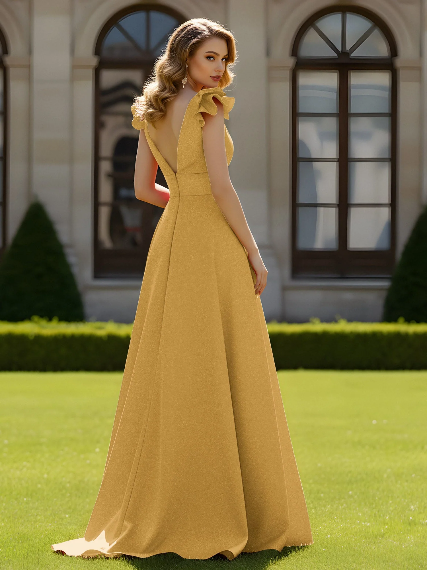 A-Linien Kleid mit skulpturalem Schultervolant und V-Ausschnitt Gold - Image 2