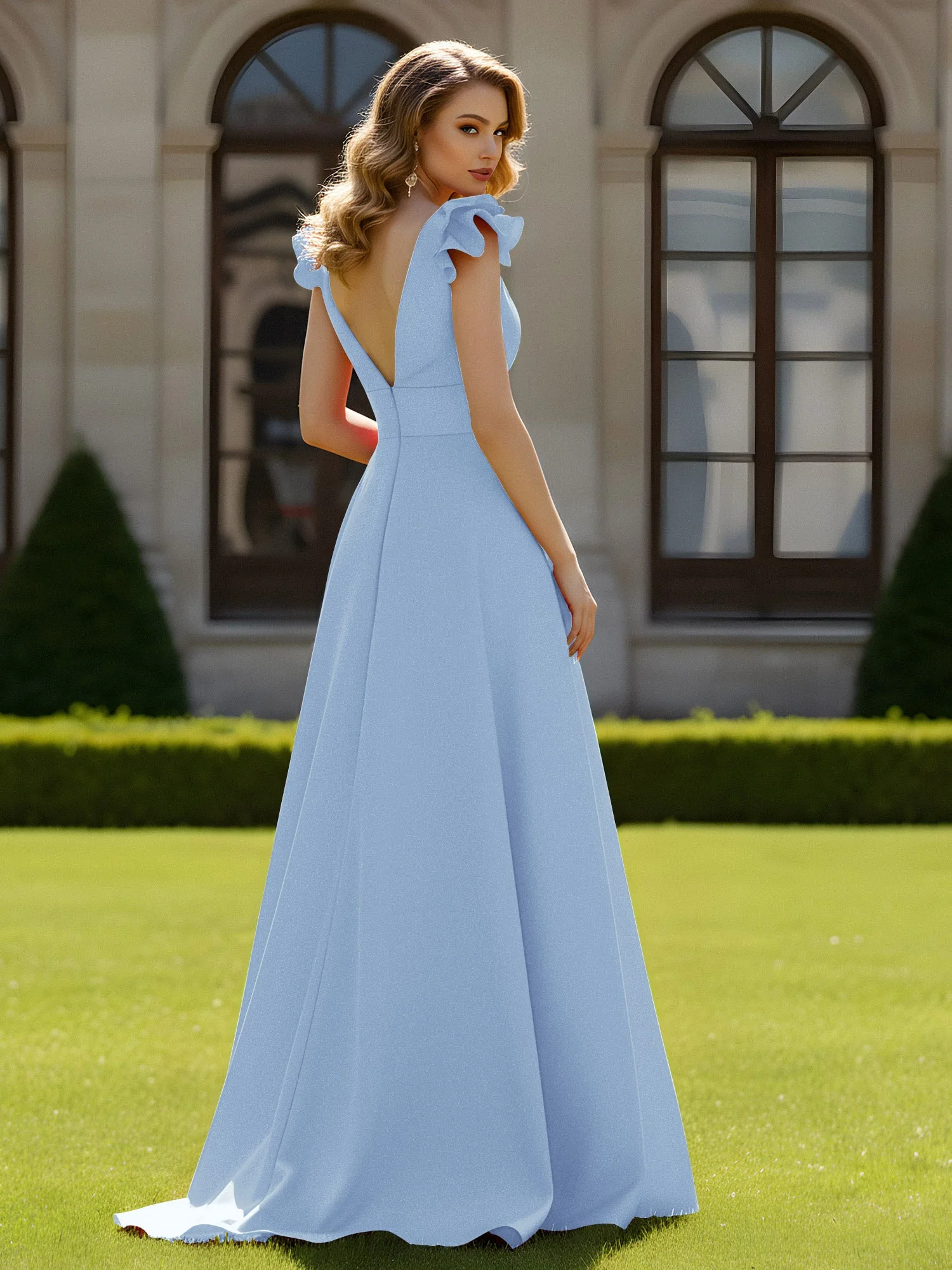 A-Linien Kleid mit skulpturalem Schultervolant und V-Ausschnitt Himmelblau - Image 2