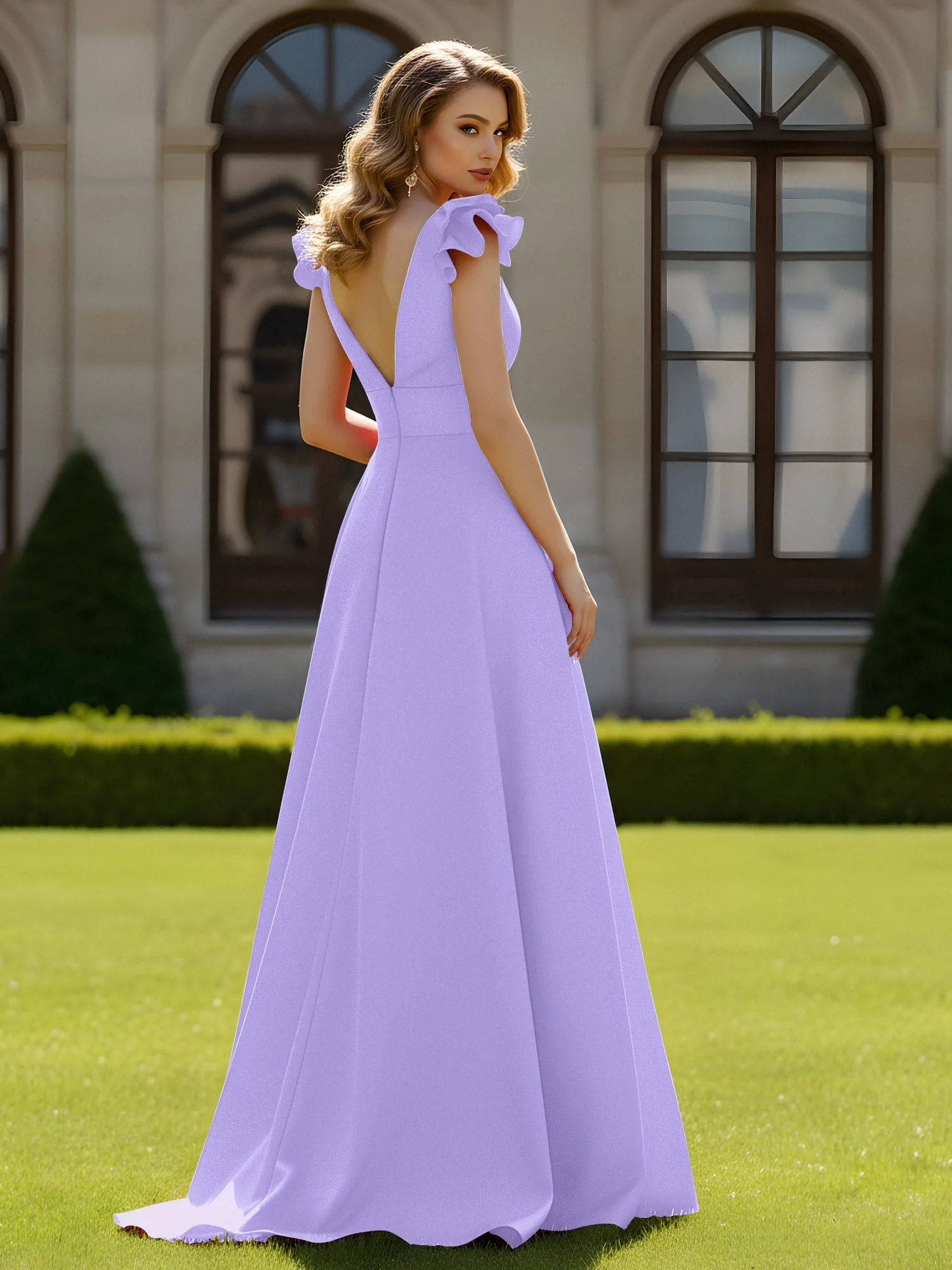 A-Linien Kleid mit skulpturalem Schultervolant und V-Ausschnitt Lila - Image 2