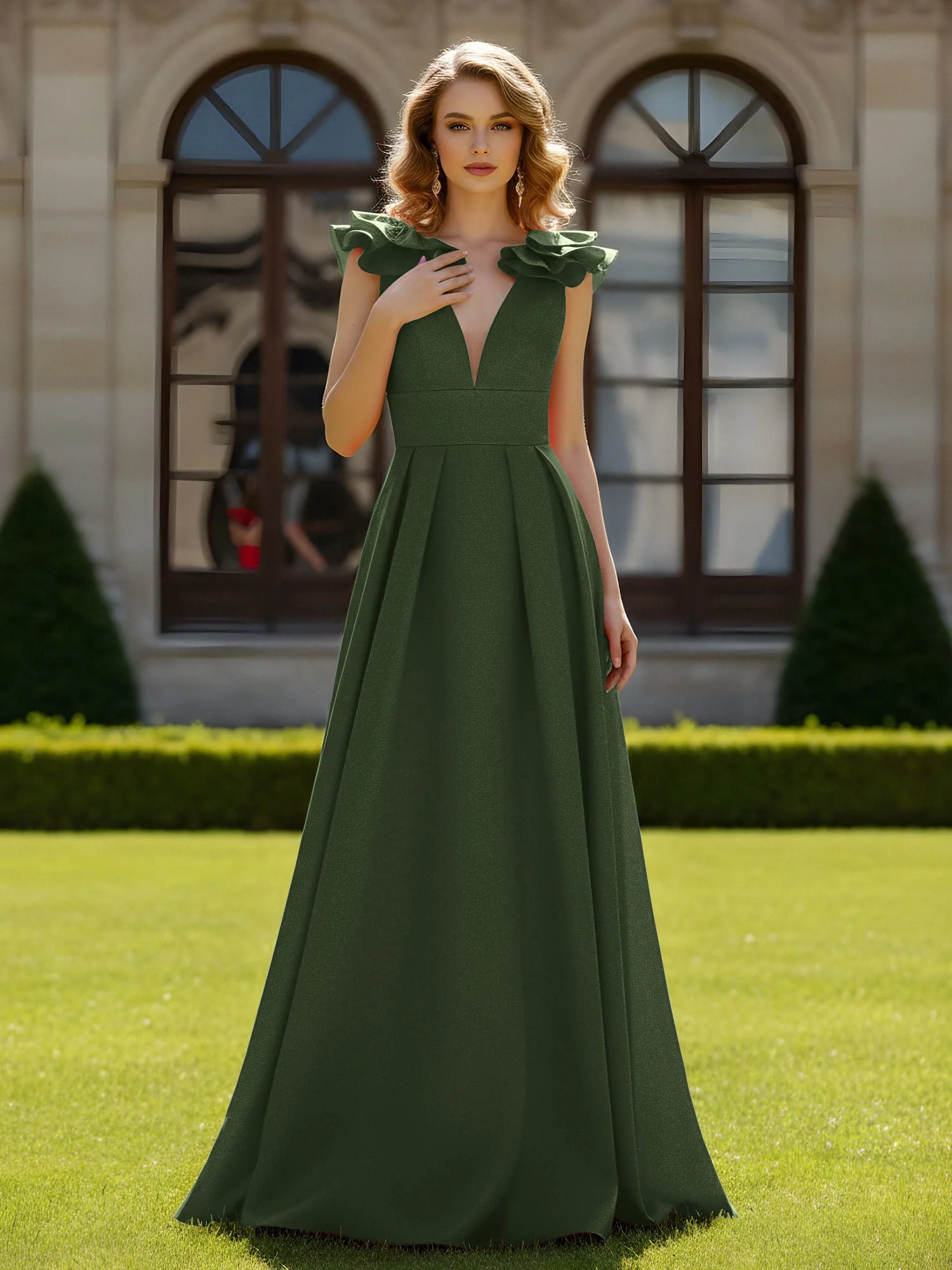 A-Linien Kleid mit skulpturalem Schultervolant und V-Ausschnitt Olivgrün