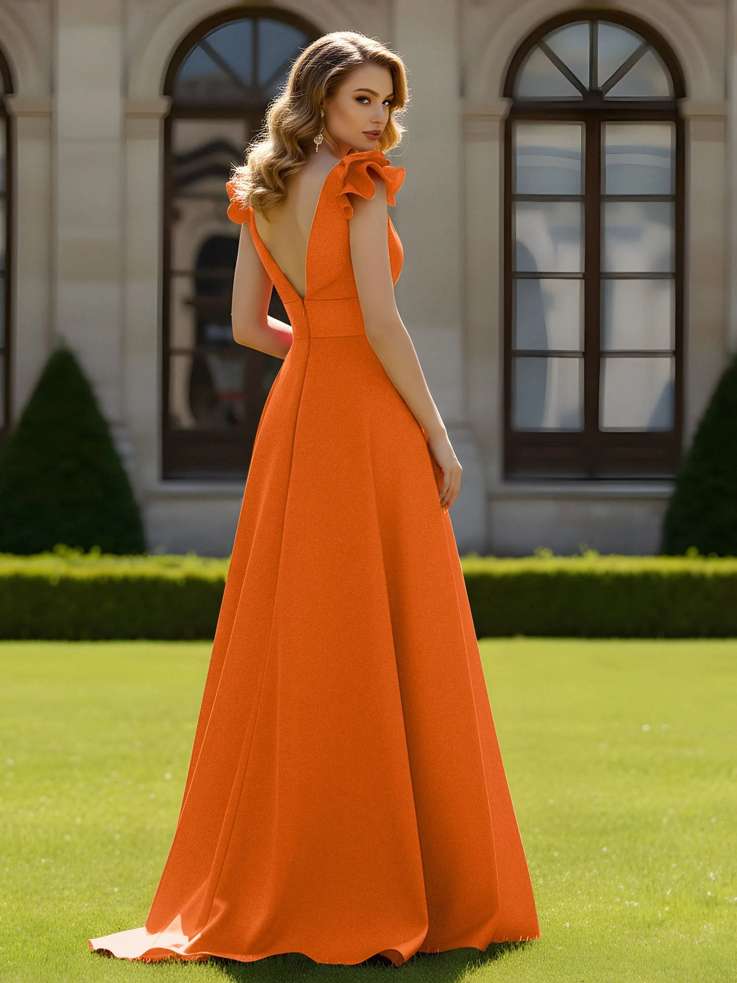 A-Linien Kleid mit skulpturalem Schultervolant und V-Ausschnitt Orange - Image 2