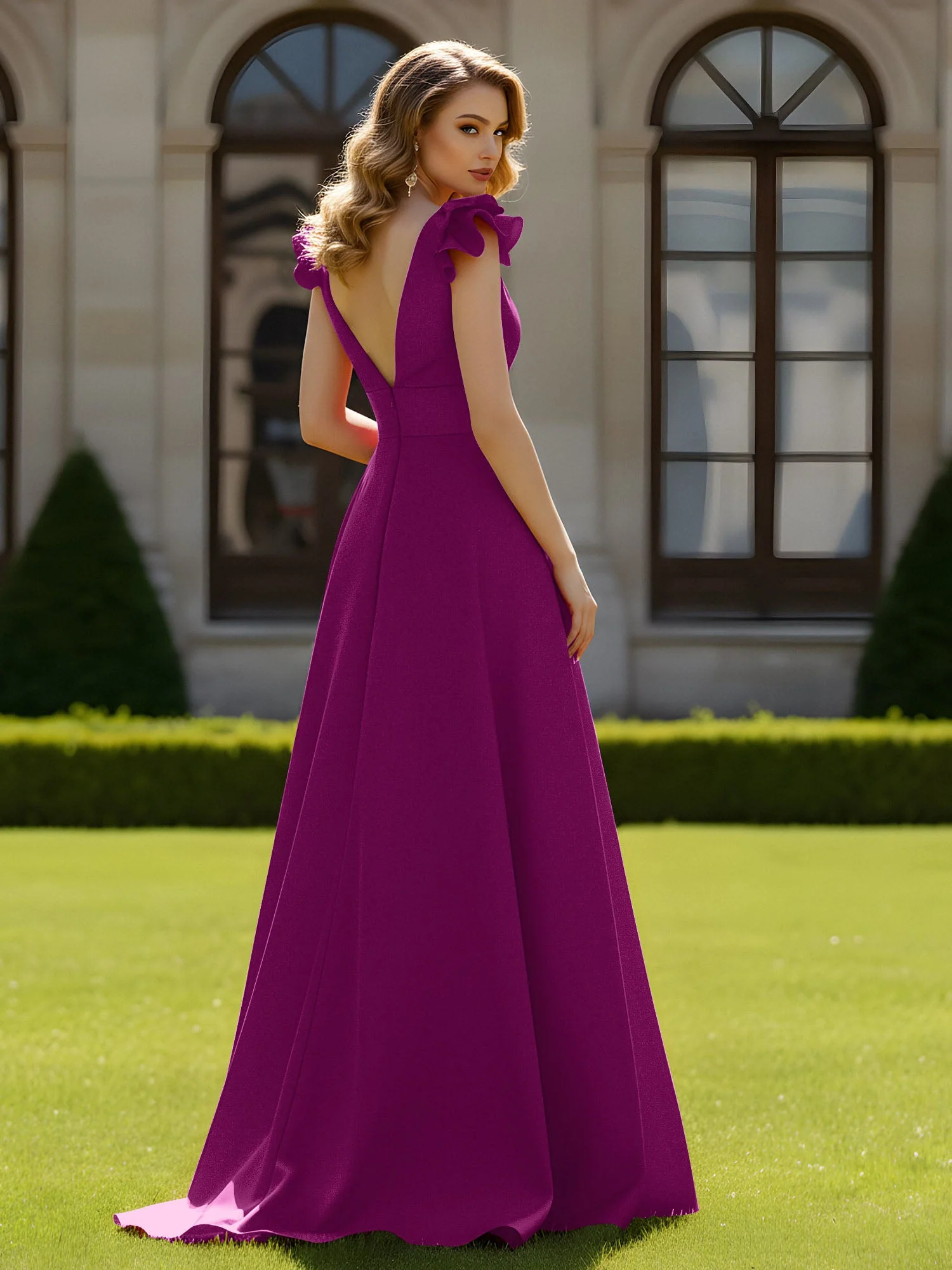 A-Linien Kleid mit skulpturalem Schultervolant und V-Ausschnitt Orchidee - Image 2