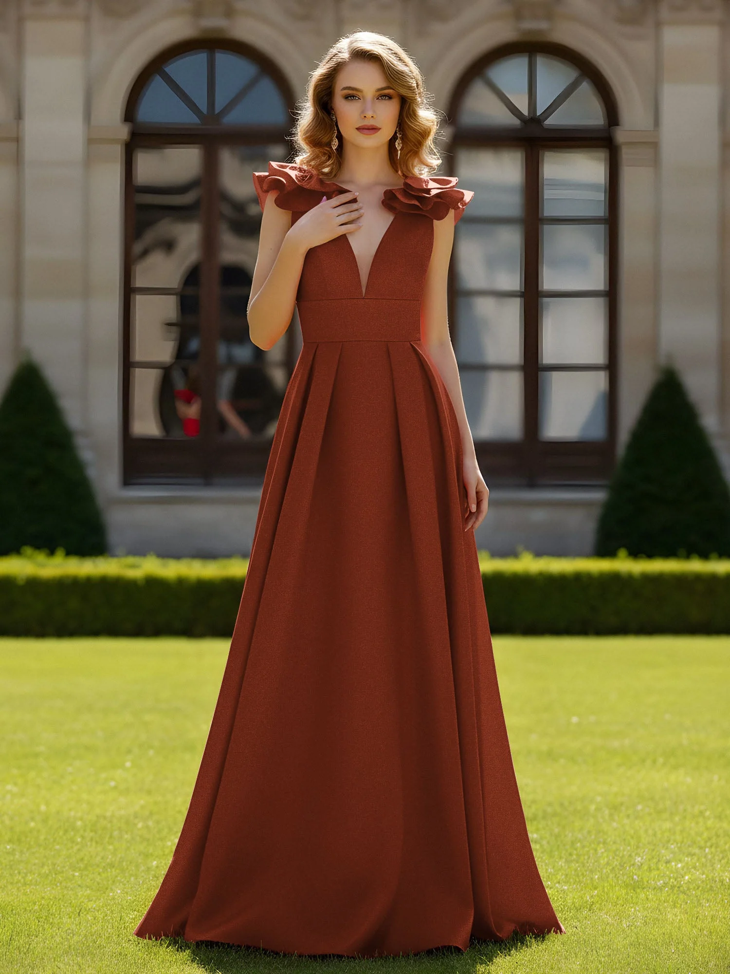 A-Linien Kleid mit skulpturalem Schultervolant und V-Ausschnitt Rost