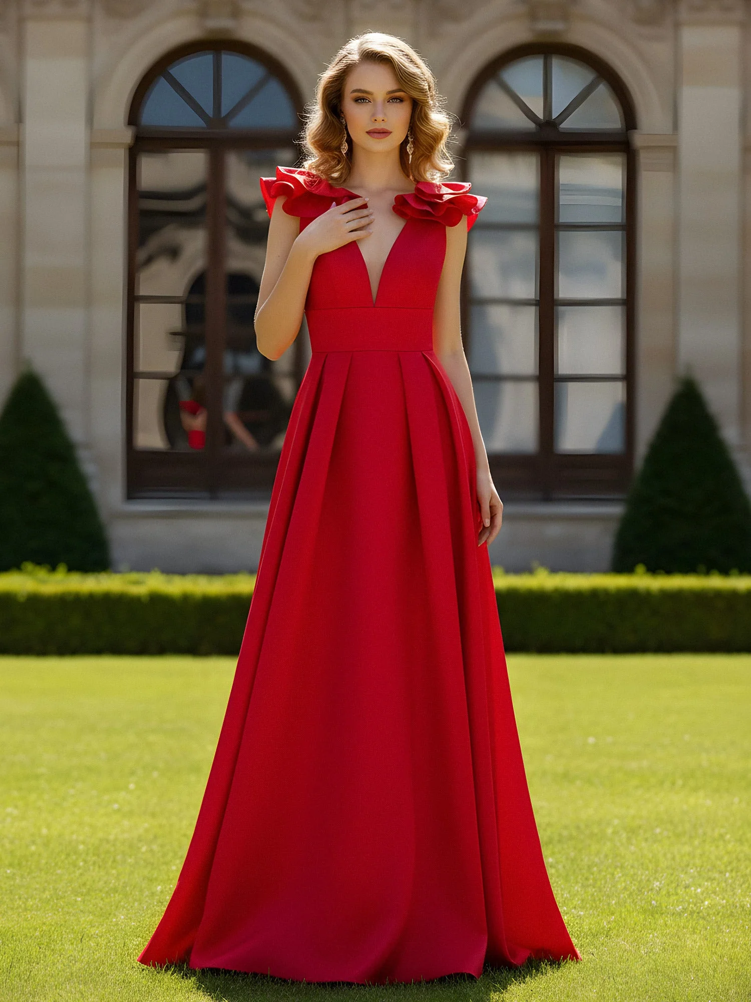 A-Linien Kleid mit skulpturalem Schultervolant und V-Ausschnitt Rot