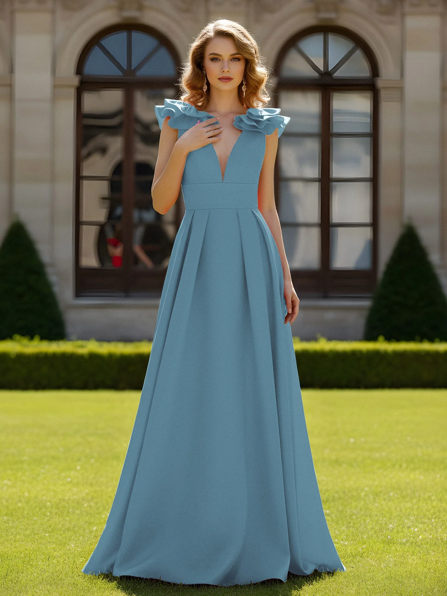 A-Linien Kleid mit skulpturalem Schultervolant und V-Ausschnitt Schiefer Blau