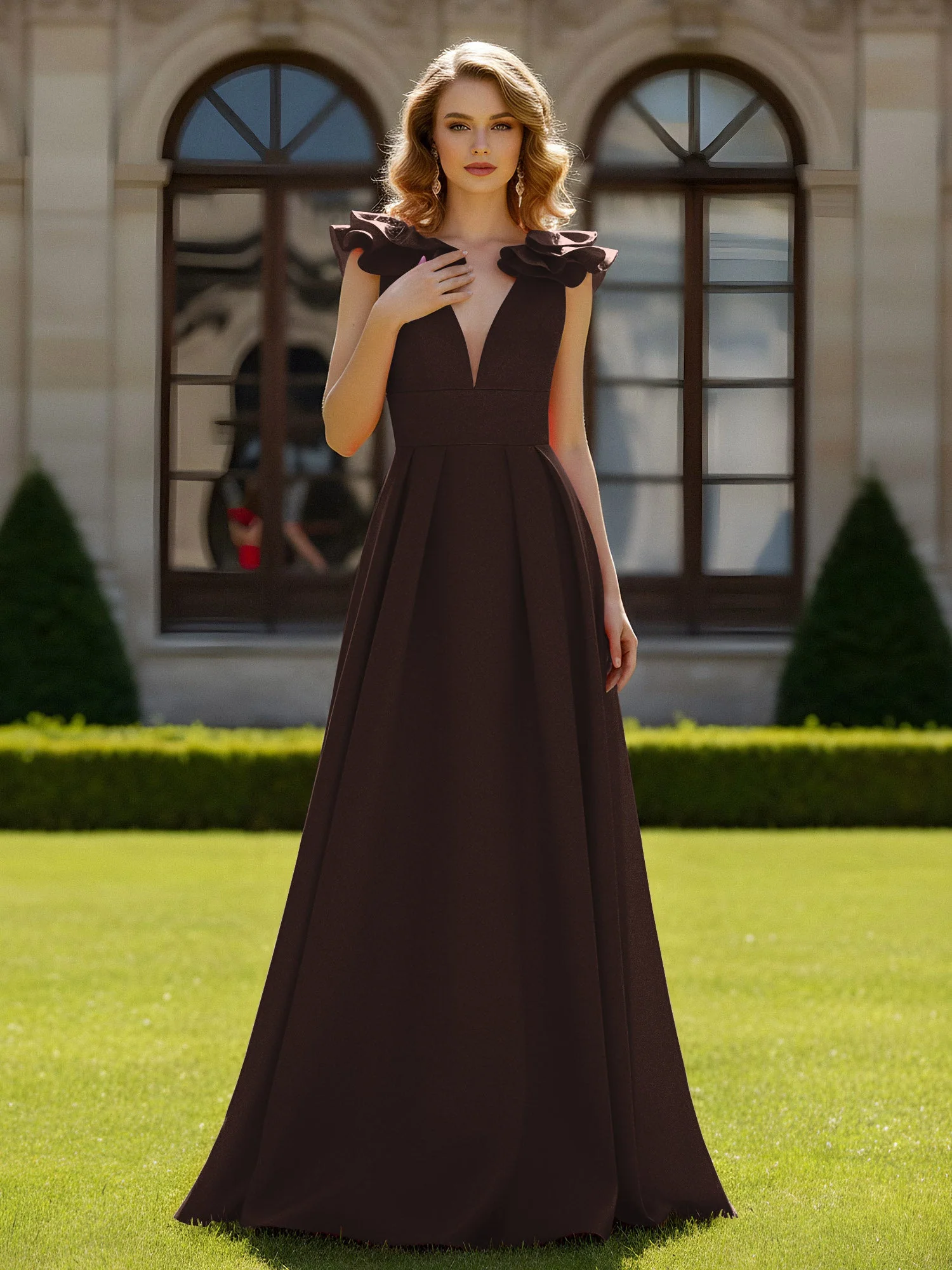 A-Linien Kleid mit skulpturalem Schultervolant und V-Ausschnitt Schokolade