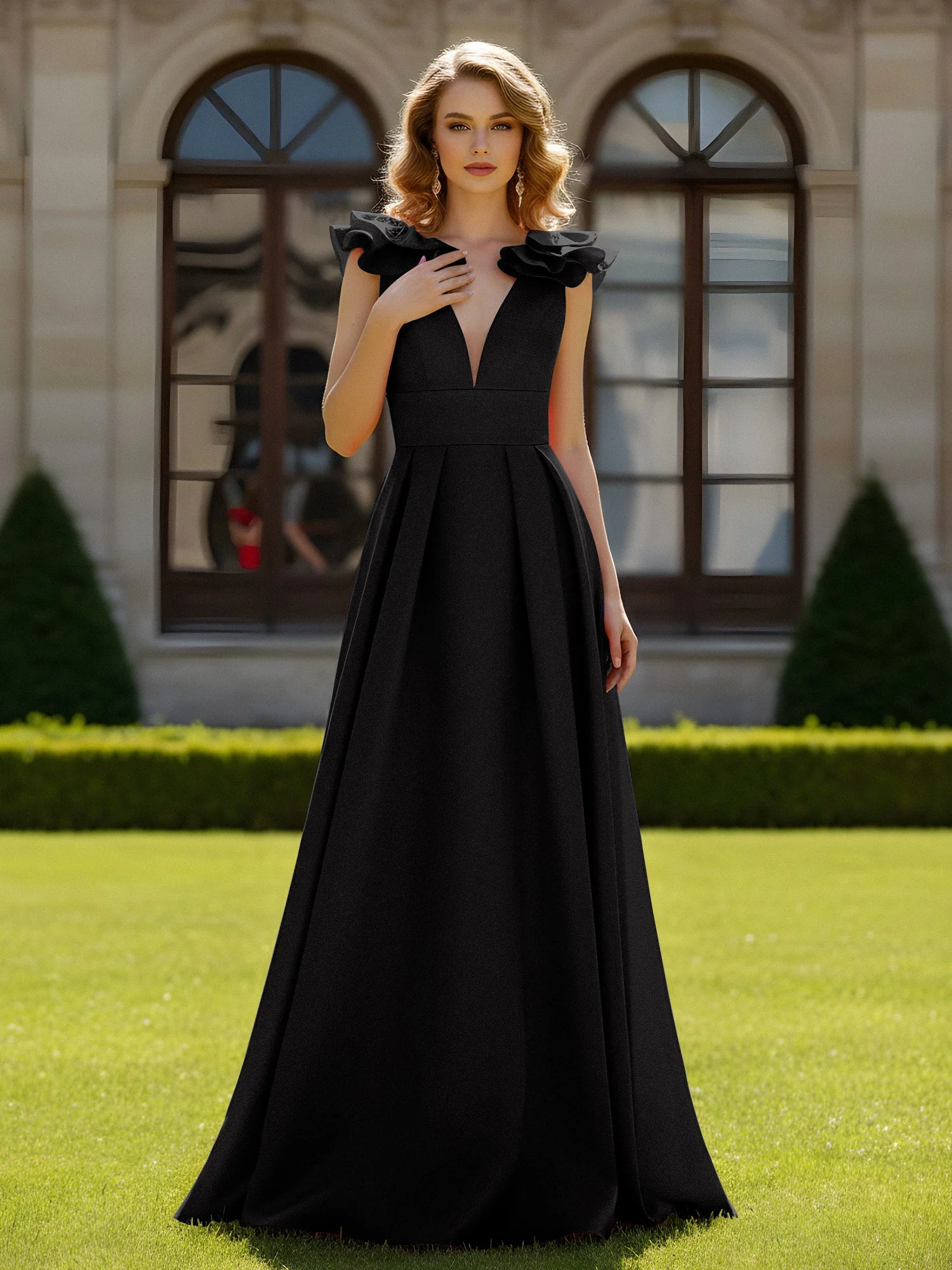 A-Linien Kleid mit skulpturalem Schultervolant und V-Ausschnitt Schwarz