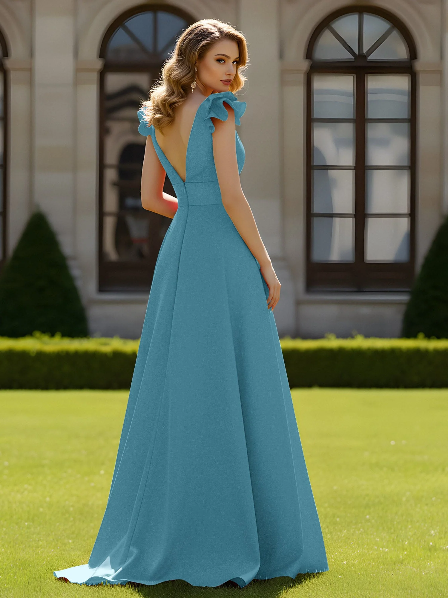 A-Linien Kleid mit skulpturalem Schultervolant und V-Ausschnitt Schwimmbadblau - Image 2