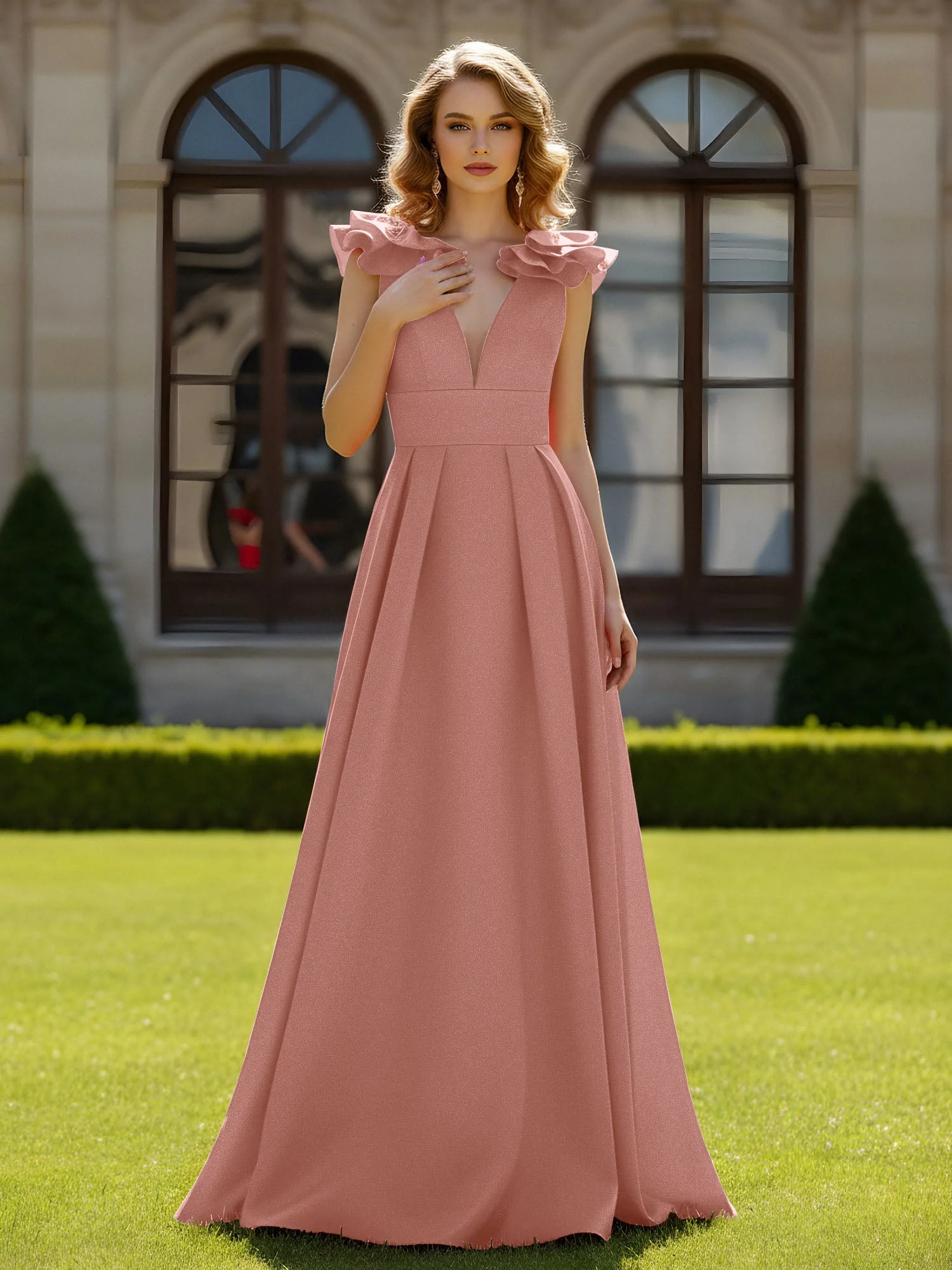 A-Linien Kleid mit skulpturalem Schultervolant und V-Ausschnitt Staubige Rosa