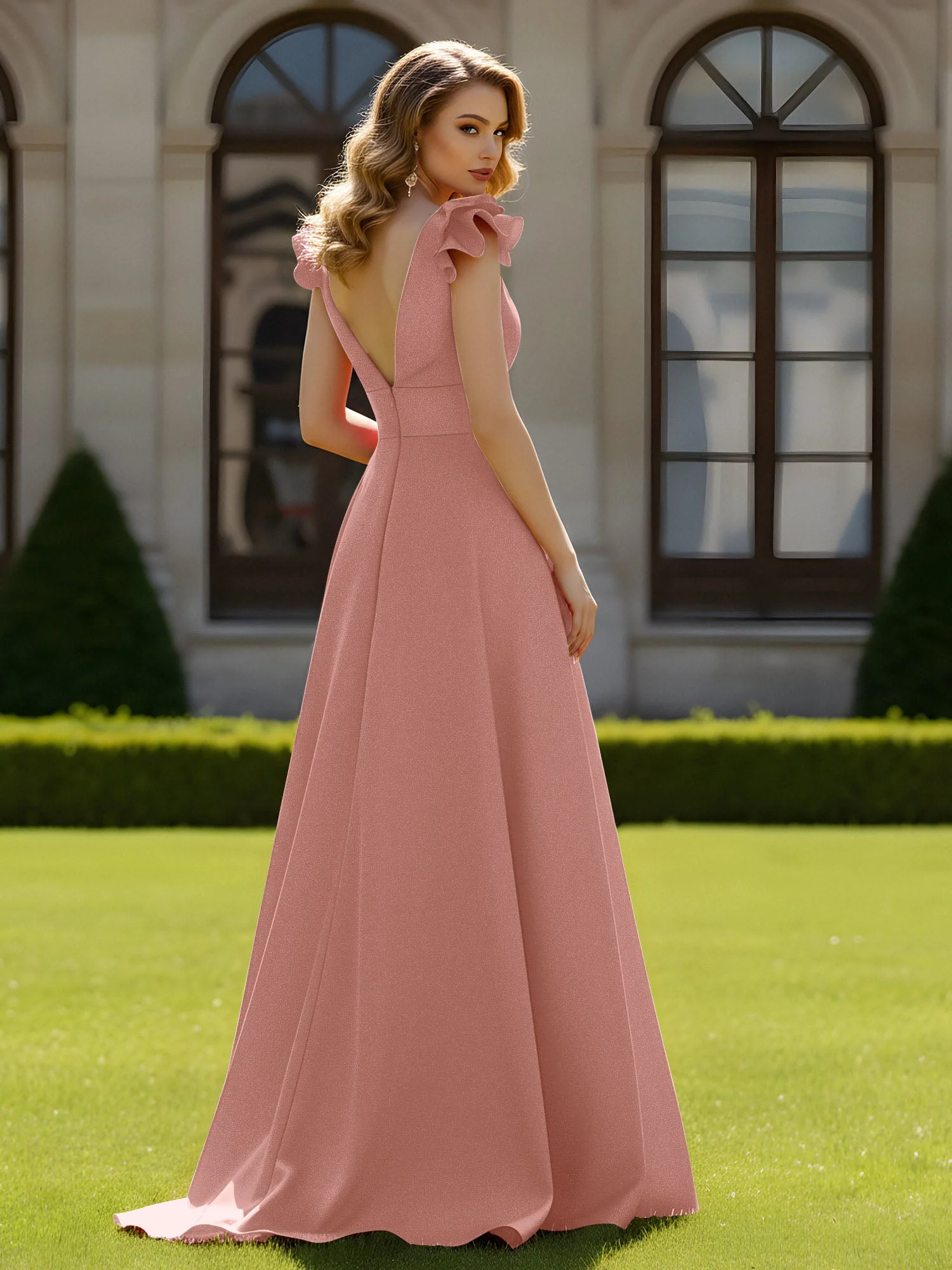 A-Linien Kleid mit skulpturalem Schultervolant und V-Ausschnitt Staubige Rosa - Image 2