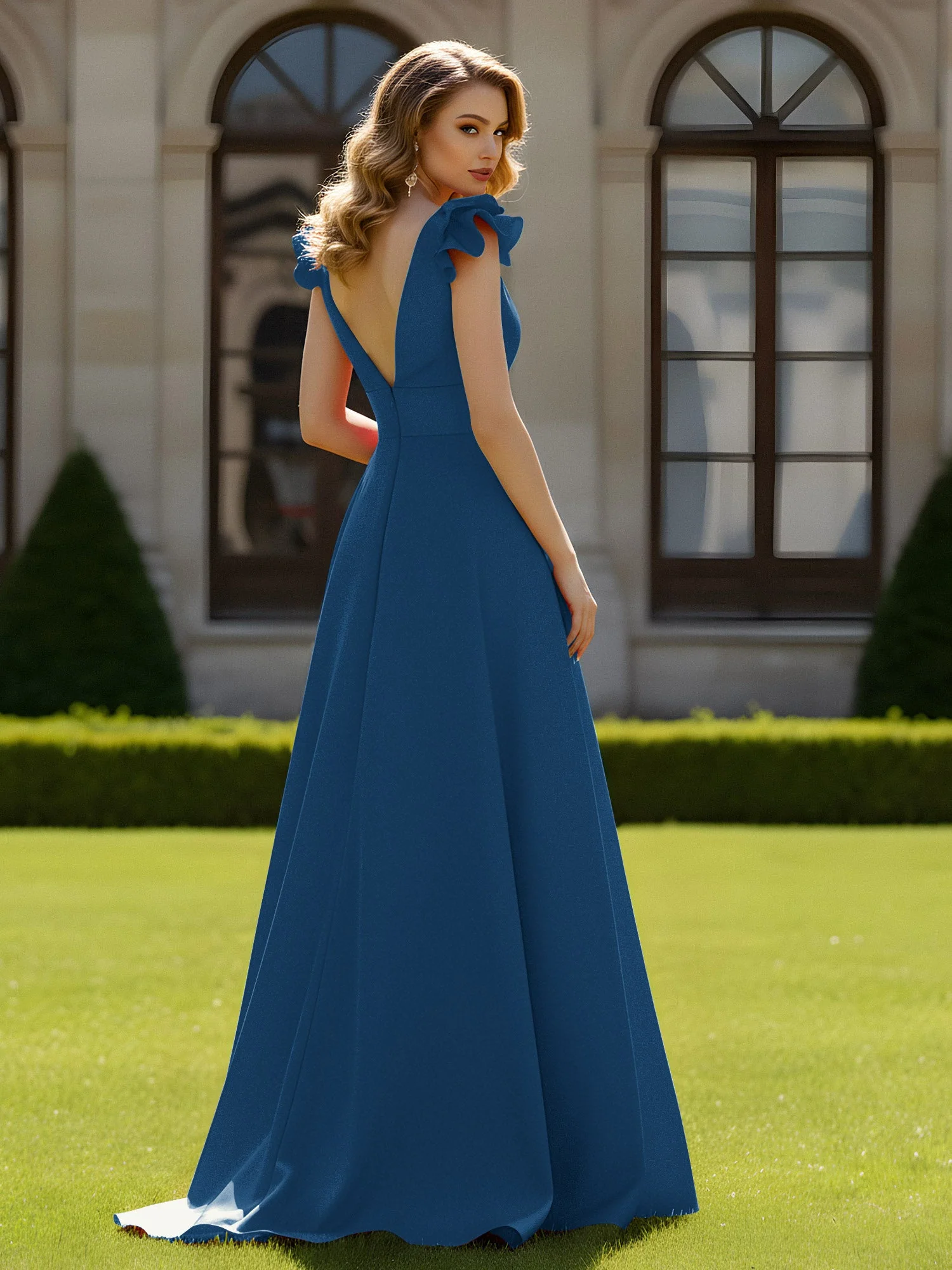 A-Linien Kleid mit skulpturalem Schultervolant und V-Ausschnitt Tinte Blau - Image 2