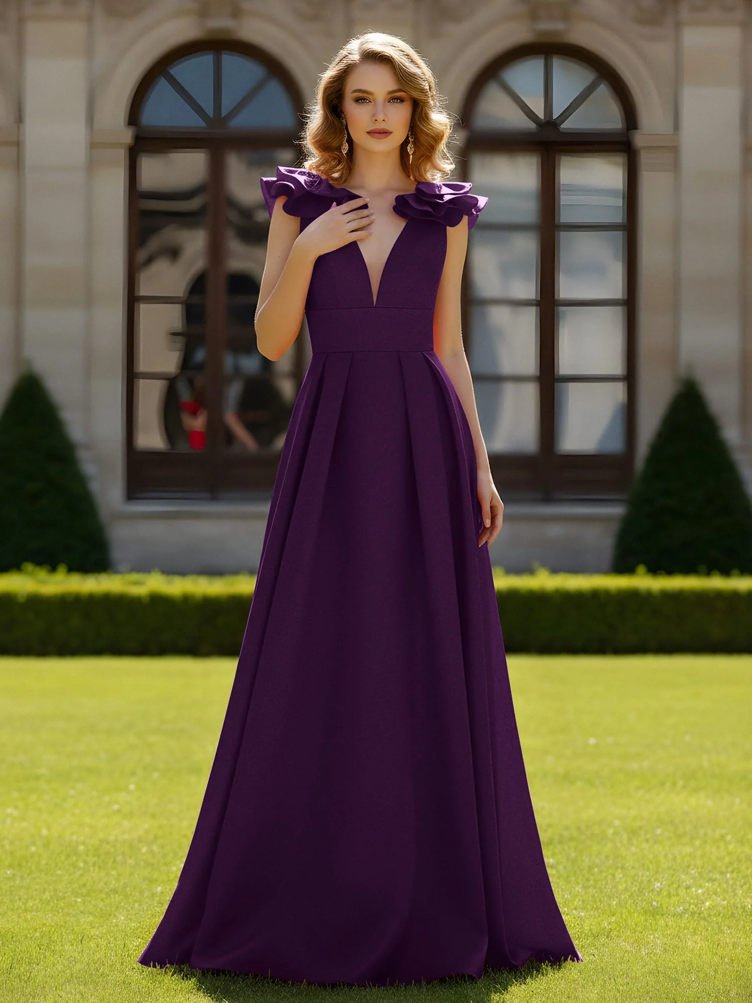 A-Linien Kleid mit skulpturalem Schultervolant und V-Ausschnitt Traube