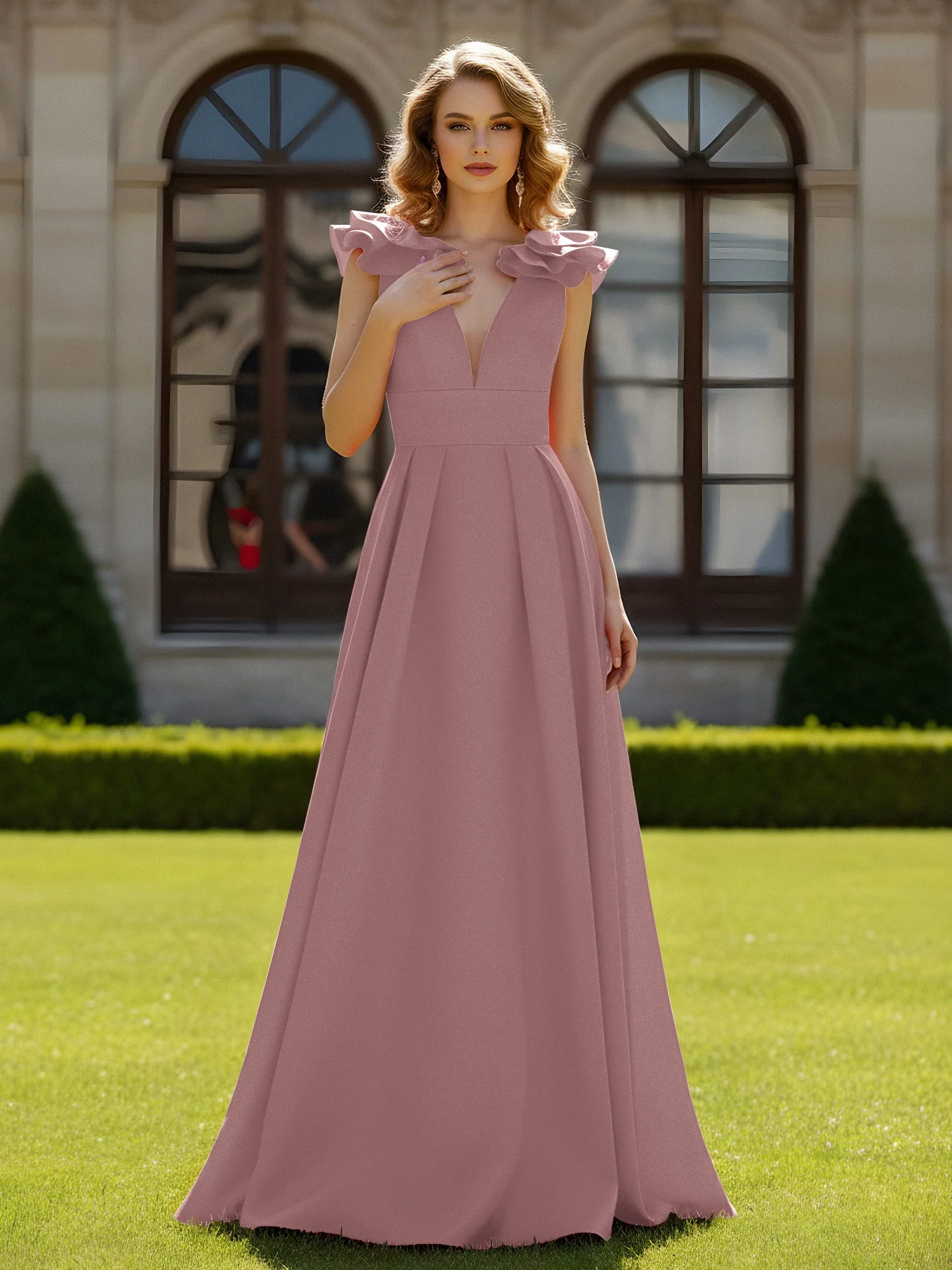 A-Linien Kleid mit skulpturalem Schultervolant und V-Ausschnitt Vintage Mauve