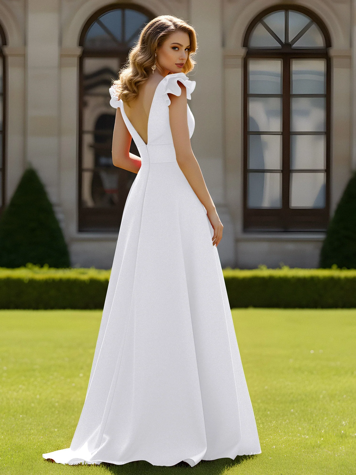 A-Linien Kleid mit skulpturalem Schultervolant und V-Ausschnitt Weiß - Image 2