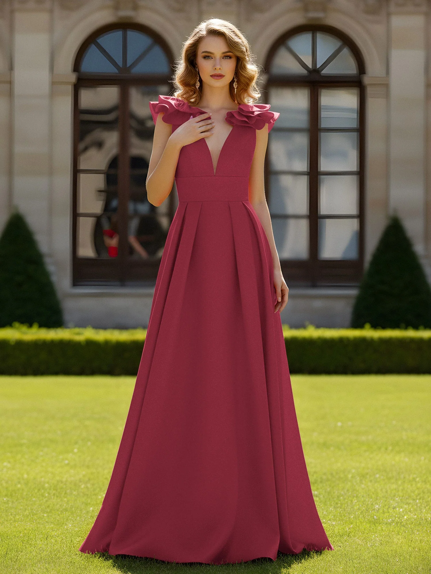 A-Linien Kleid mit skulpturalem Schultervolant und V-Ausschnitt Zimtrose