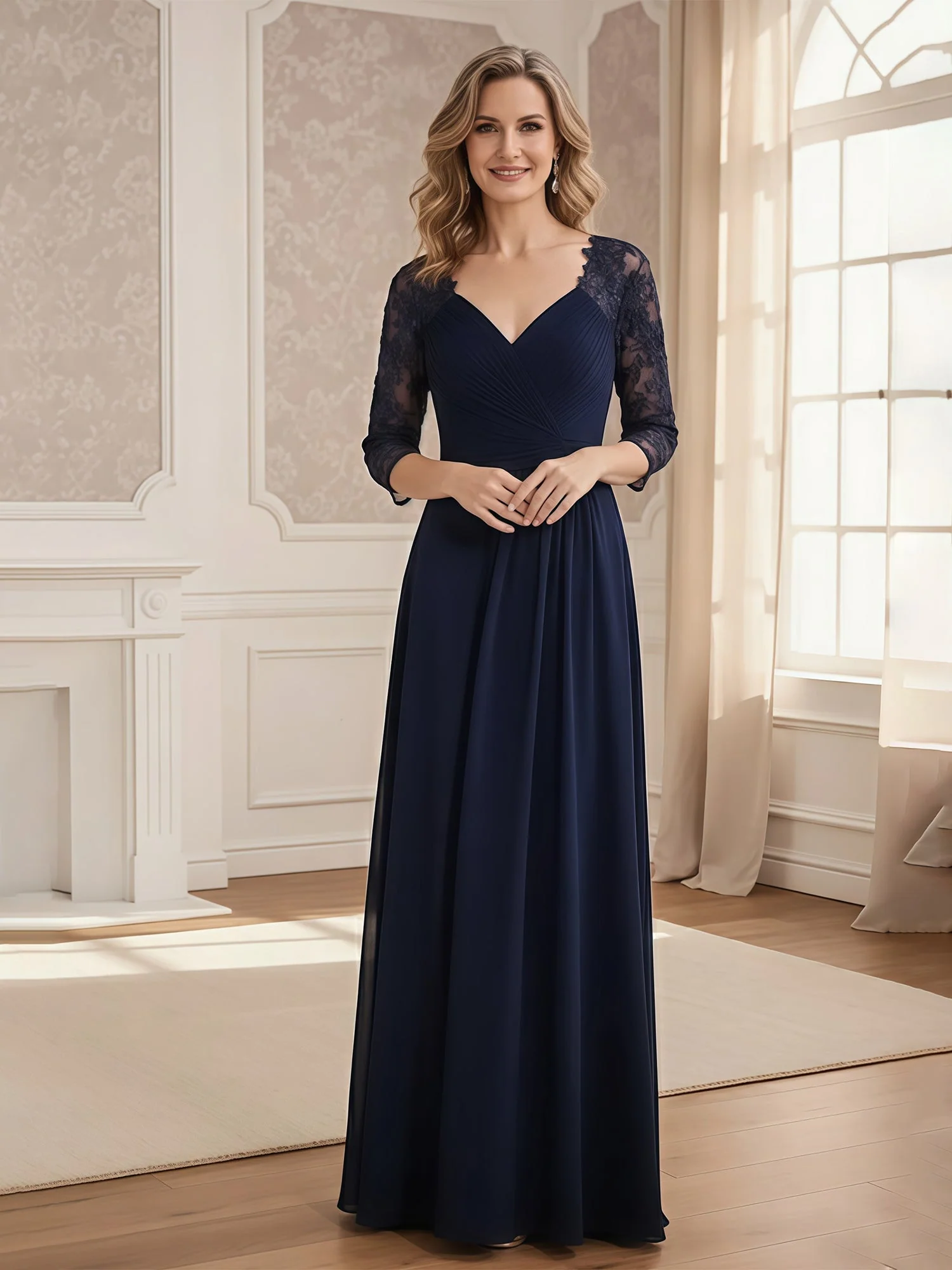 A-Linie Spitze Ärmel V-Ausschnitt Chiffon Lang Kleid Champagner
