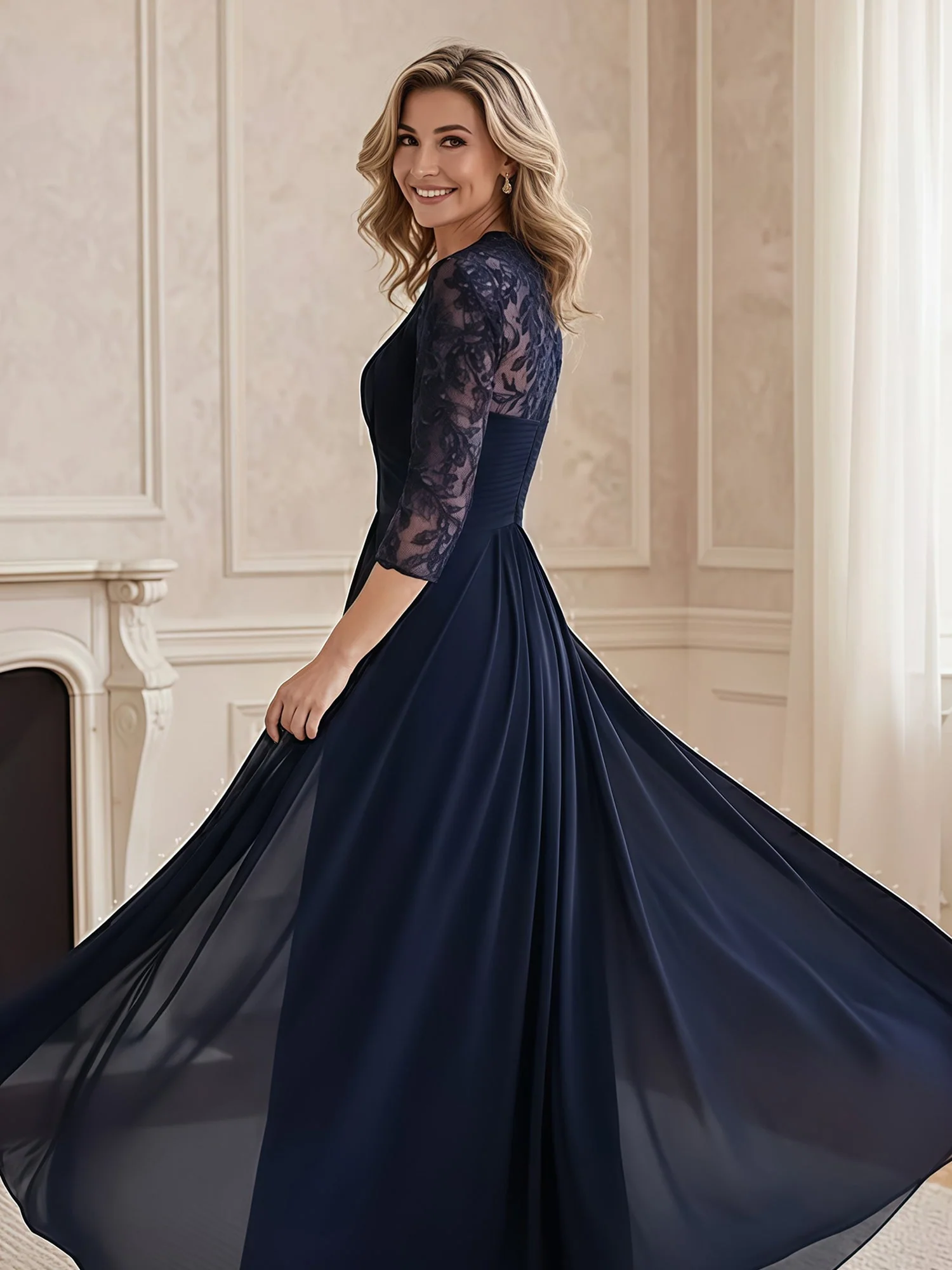 A-Linie Spitze Ärmel V-Ausschnitt Chiffon Lang Kleid Traube - Image 2