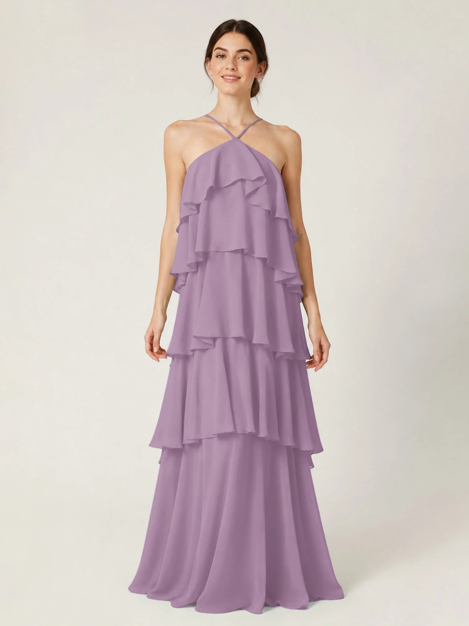 Gestuftes Chiffon Maxikleid mit Neckholder und Volants Blauregen