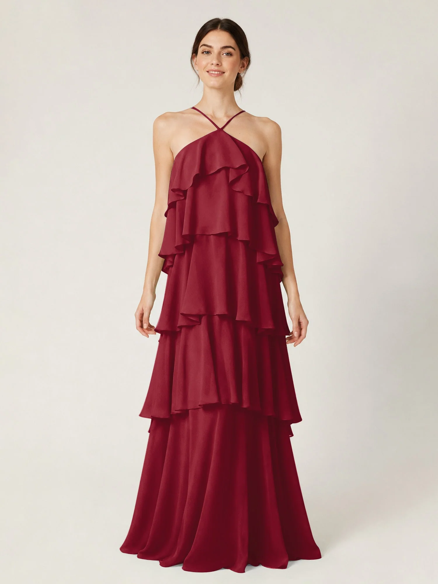 Gestuftes Chiffon Maxikleid mit Neckholder und Volants Burgunderrot
