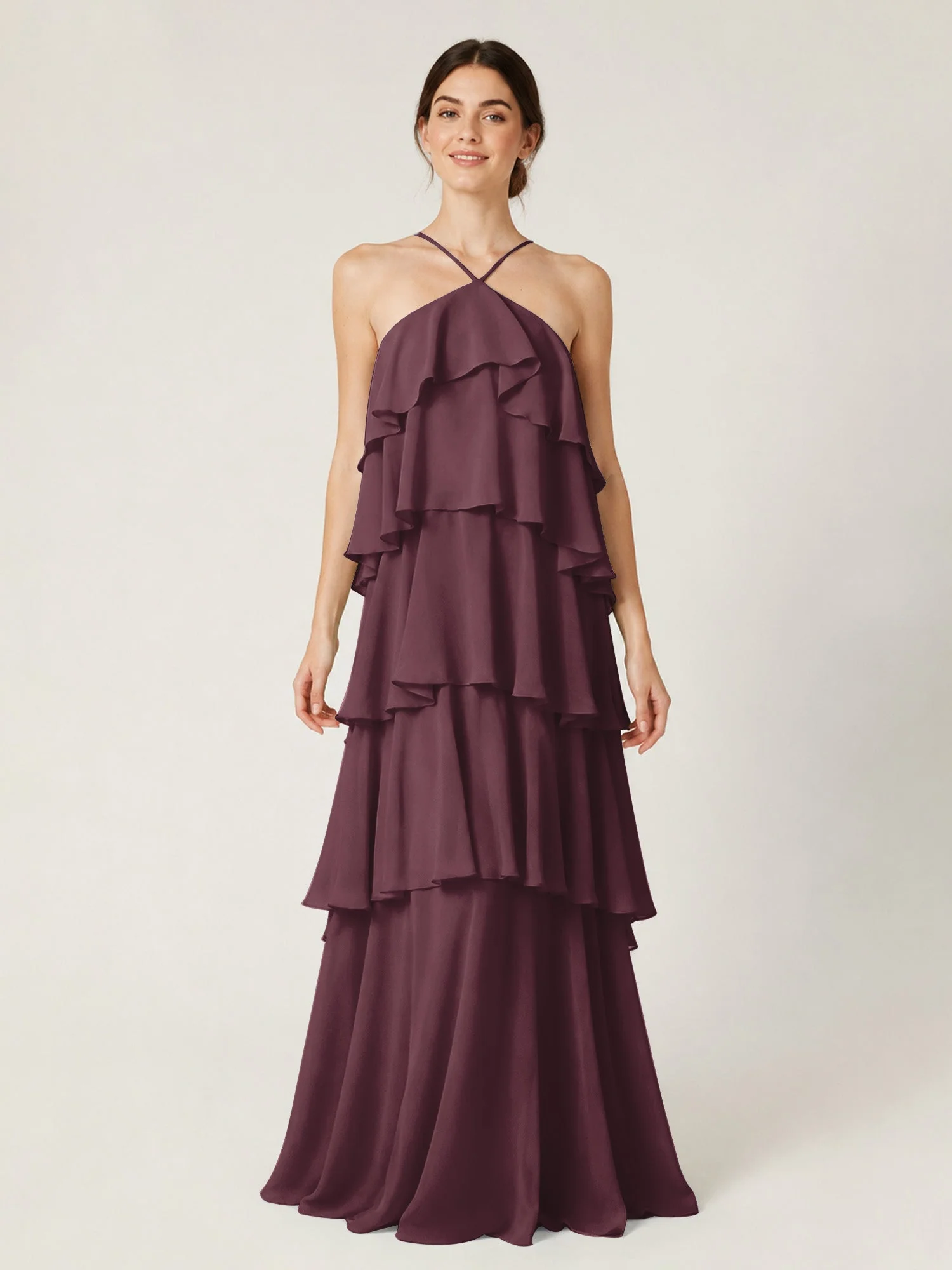 Gestuftes Chiffon Maxikleid mit Neckholder und Volants Cabernet