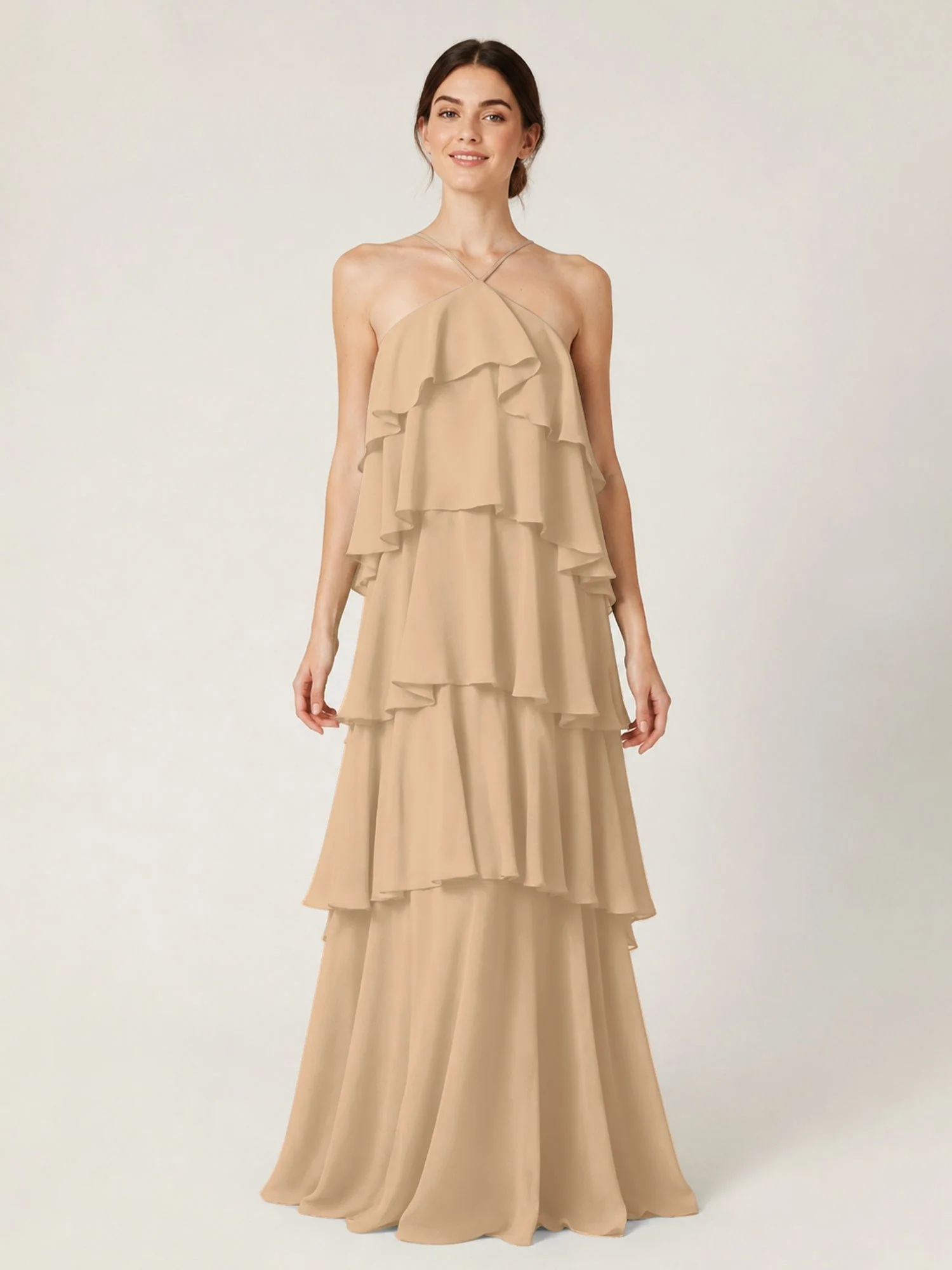 Gestuftes Chiffon Maxikleid mit Neckholder und Volants Champagner