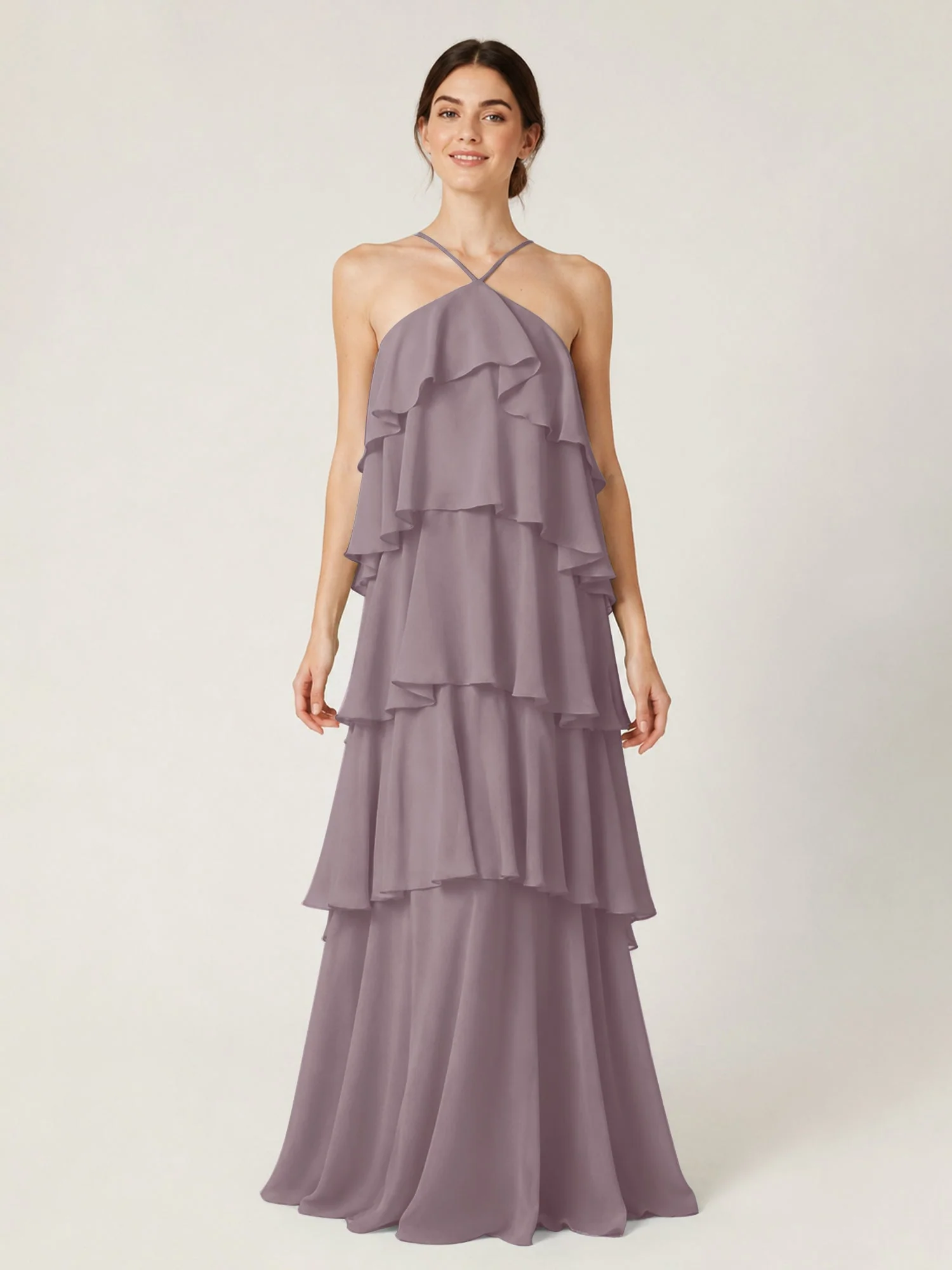 Gestuftes Chiffon Maxikleid mit Neckholder und Volants DĂ€mmerung