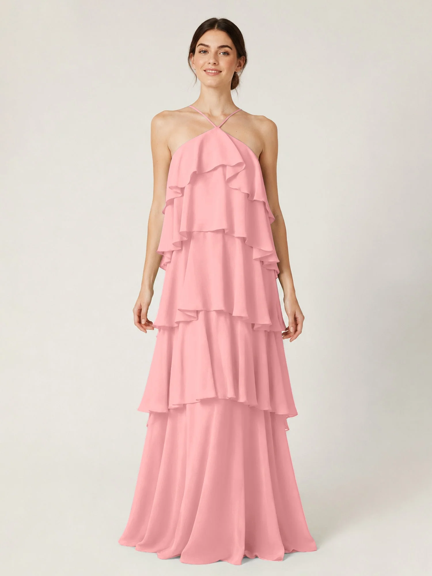 Gestuftes Chiffon Maxikleid mit Neckholder und Volants Flamingo