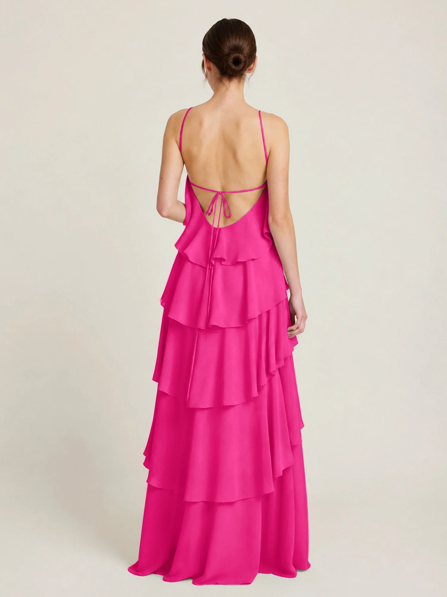Gestuftes Chiffon Maxikleid mit Neckholder und Volants Fuchsia - Image 2