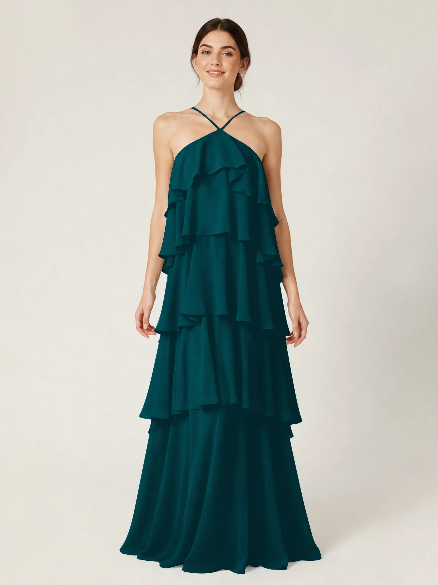 Gestuftes Chiffon Maxikleid mit Neckholder und Volants Kieferngrün