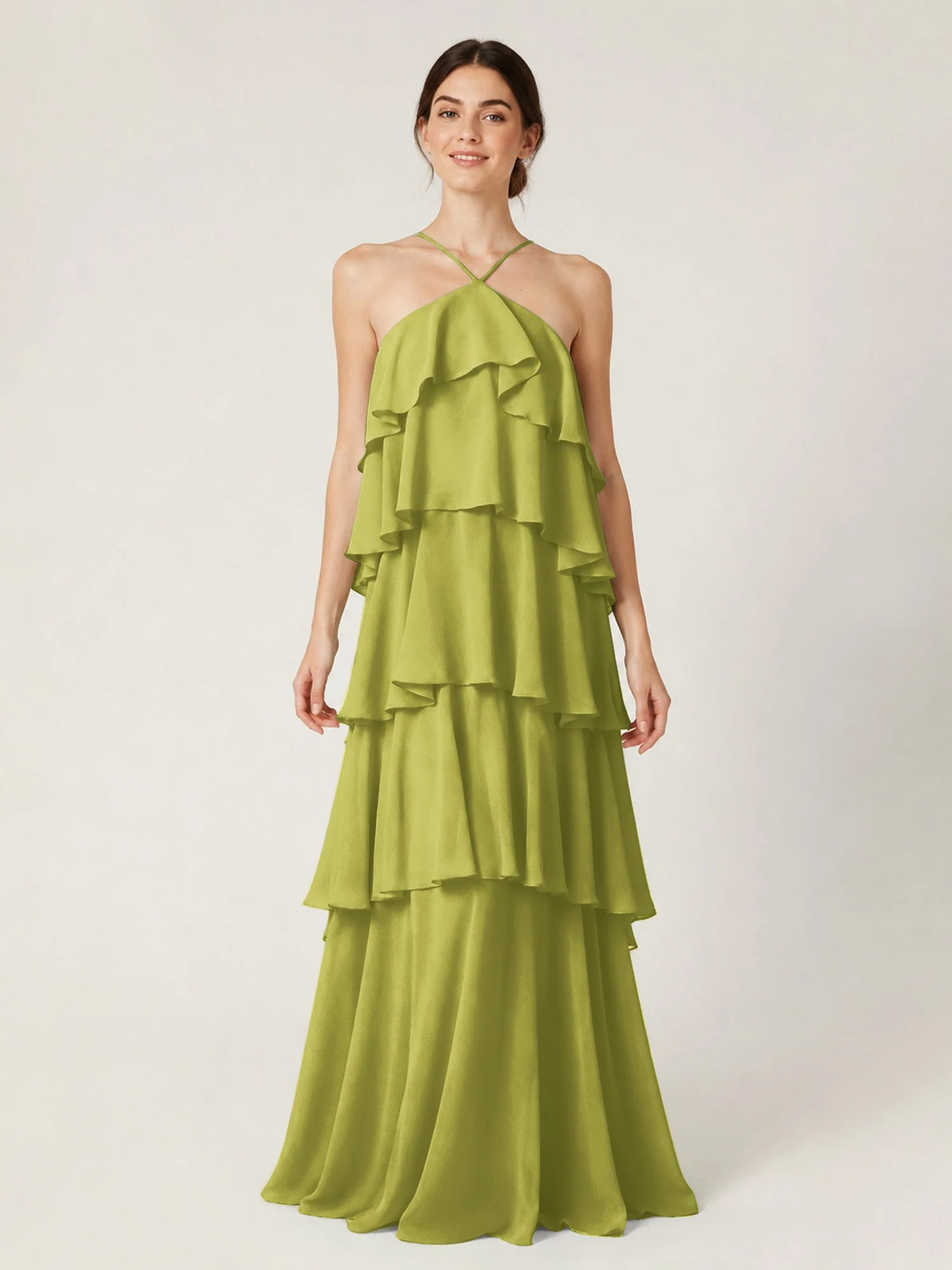 Gestuftes Chiffon Maxikleid mit Neckholder und Volants Kleegrün