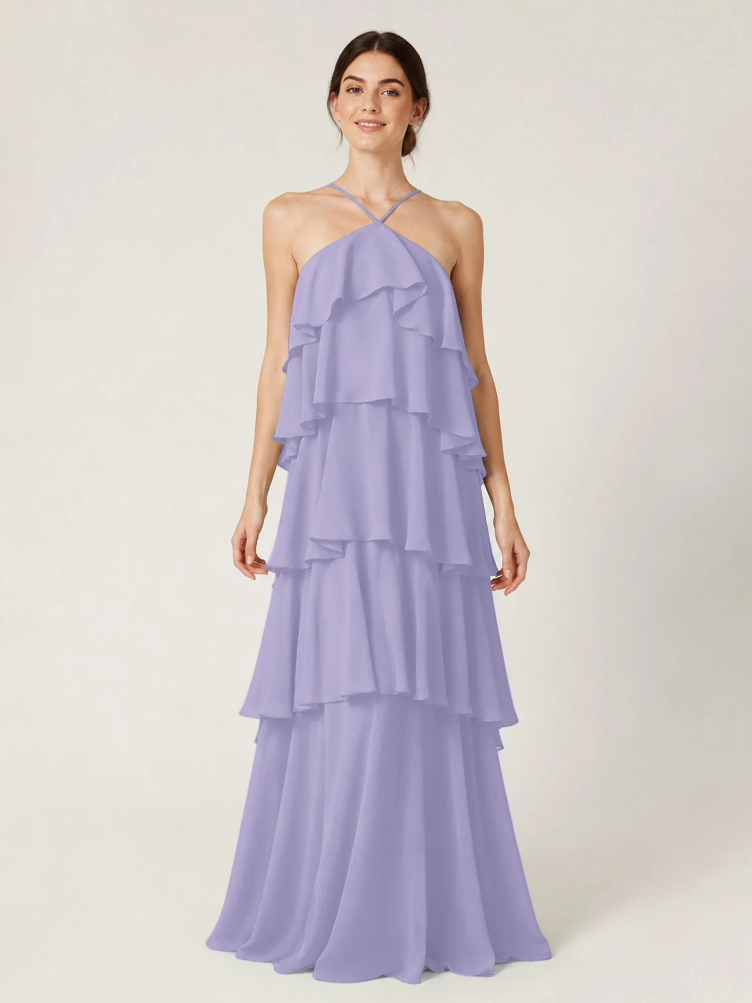 Gestuftes Chiffon Maxikleid mit Neckholder und Volants Lavendel