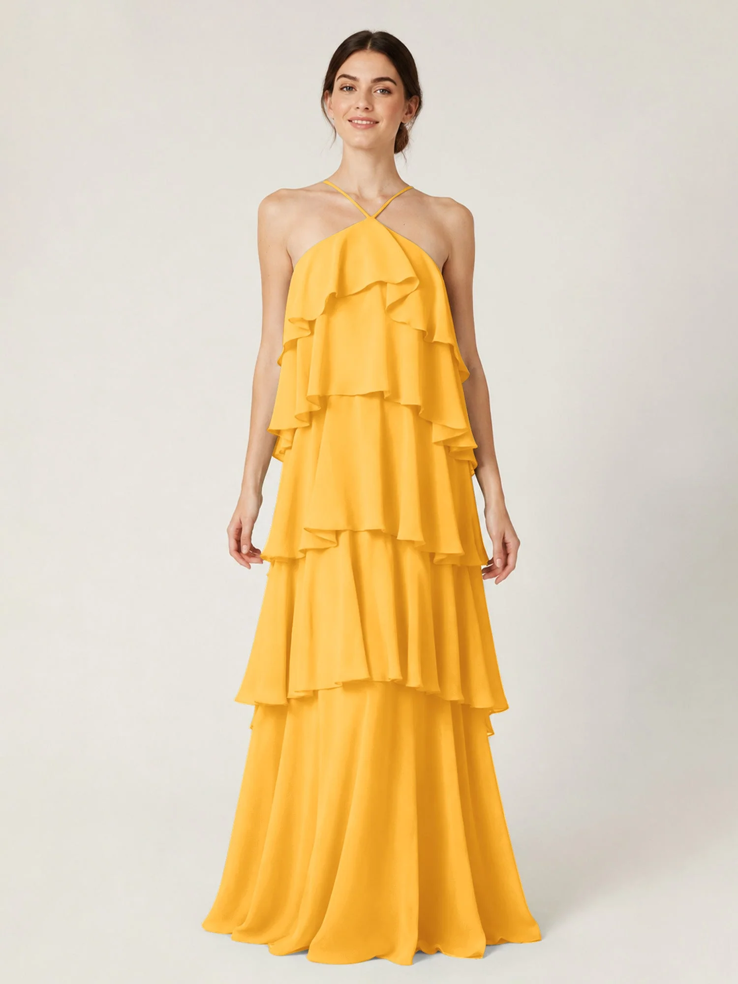 Gestuftes Chiffon Maxikleid mit Neckholder und Volants Mandarine