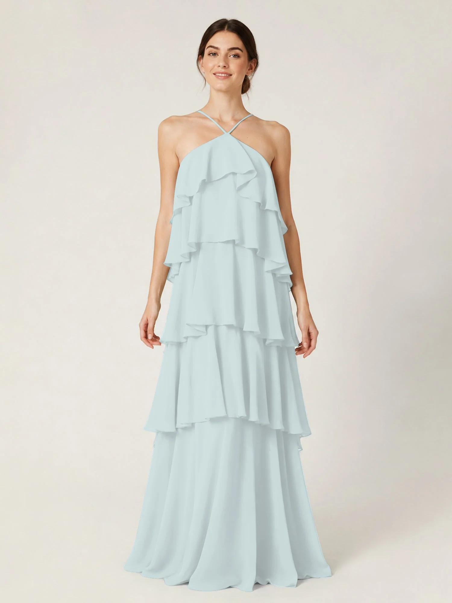 Gestuftes Chiffon Maxikleid mit Neckholder und Volants Nebel