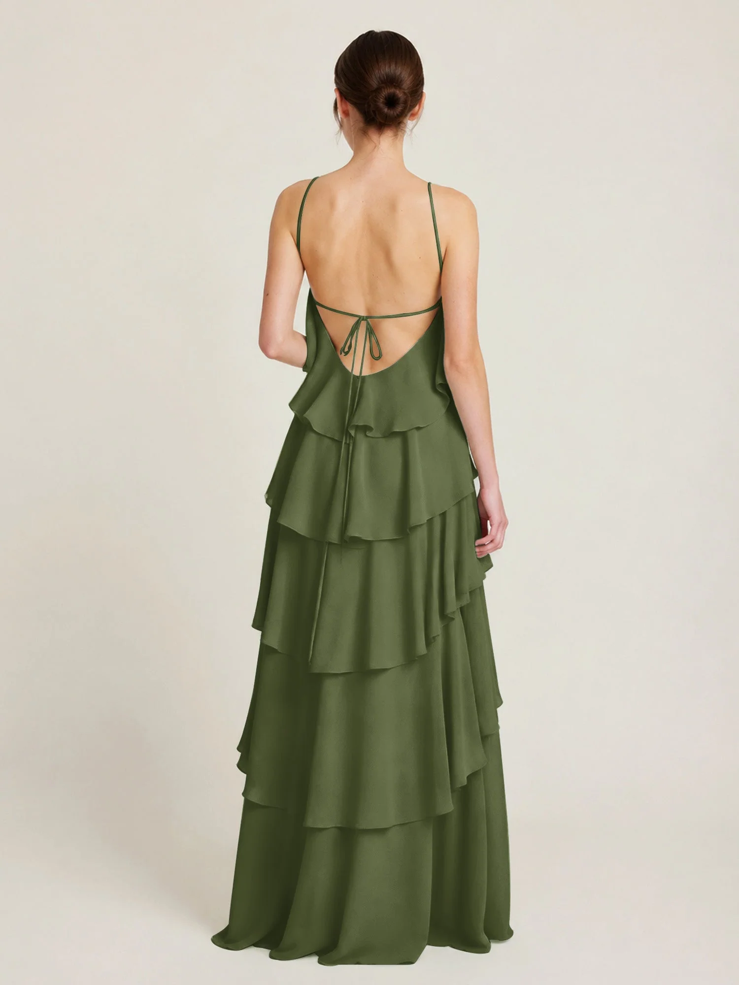 Gestuftes Chiffon Maxikleid mit Neckholder und Volants Olivgrün - Image 2