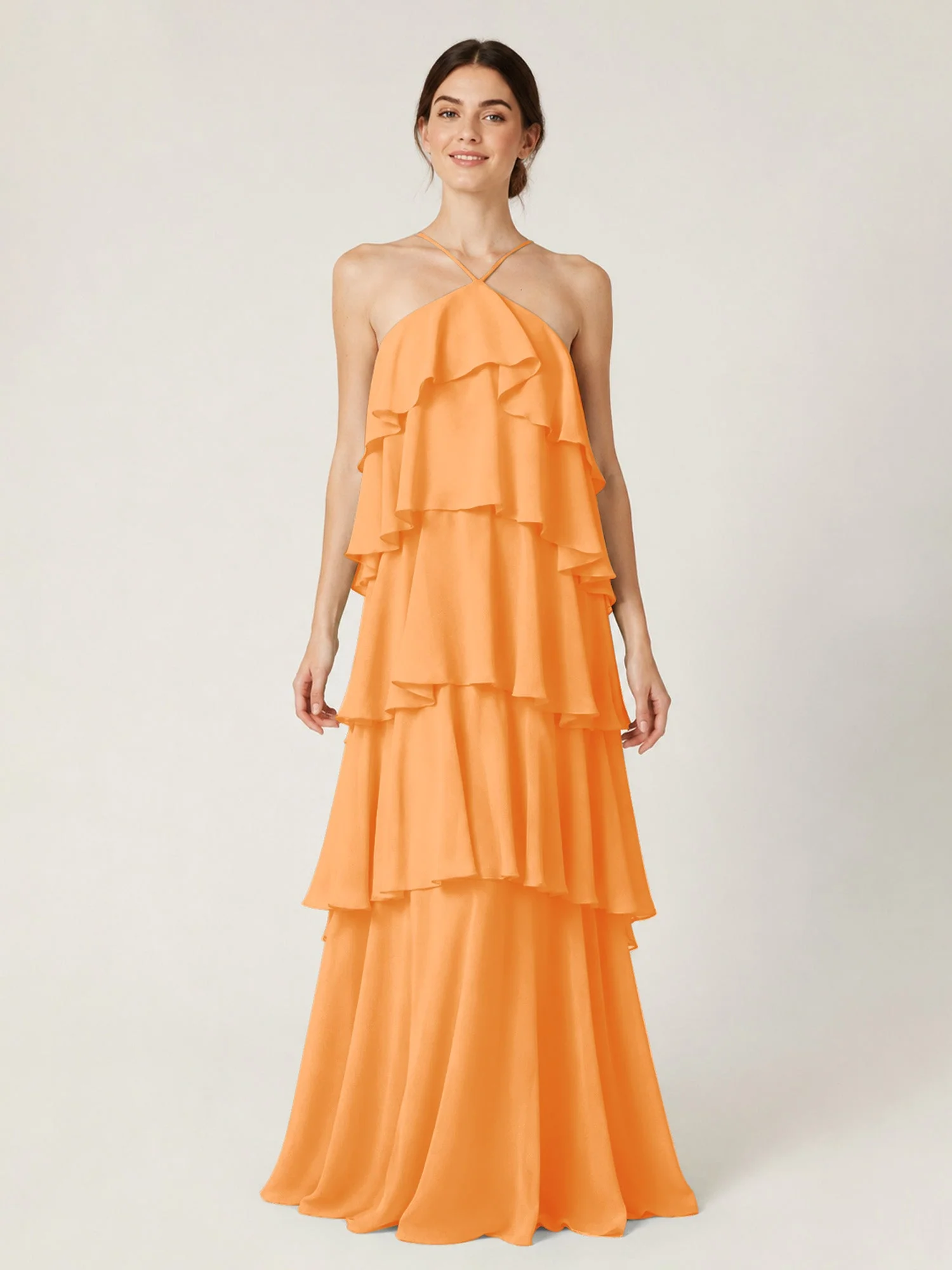 Gestuftes Chiffon Maxikleid mit Neckholder und Volants Orange