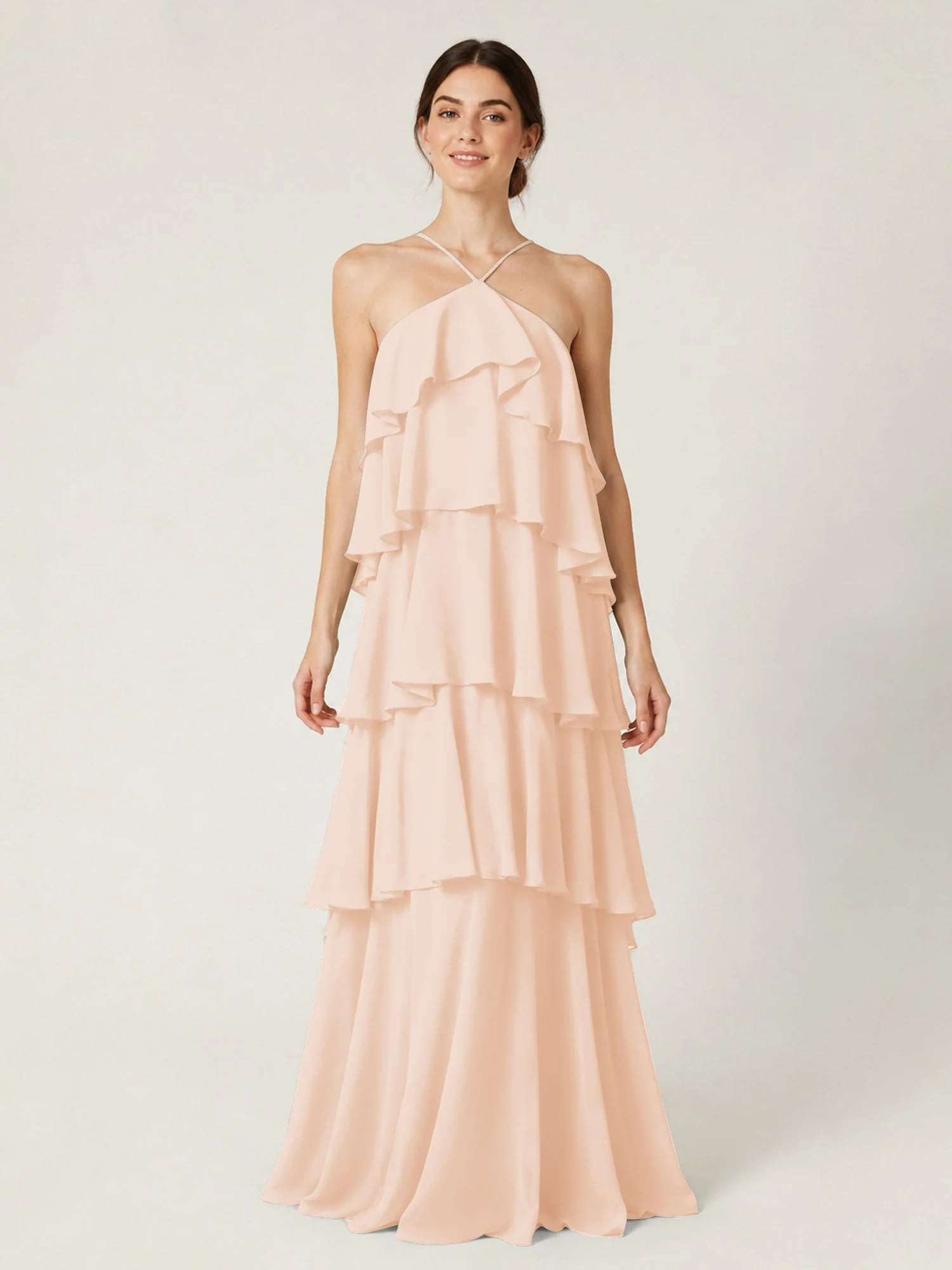 Gestuftes Chiffon Maxikleid mit Neckholder und Volants Perlrosa