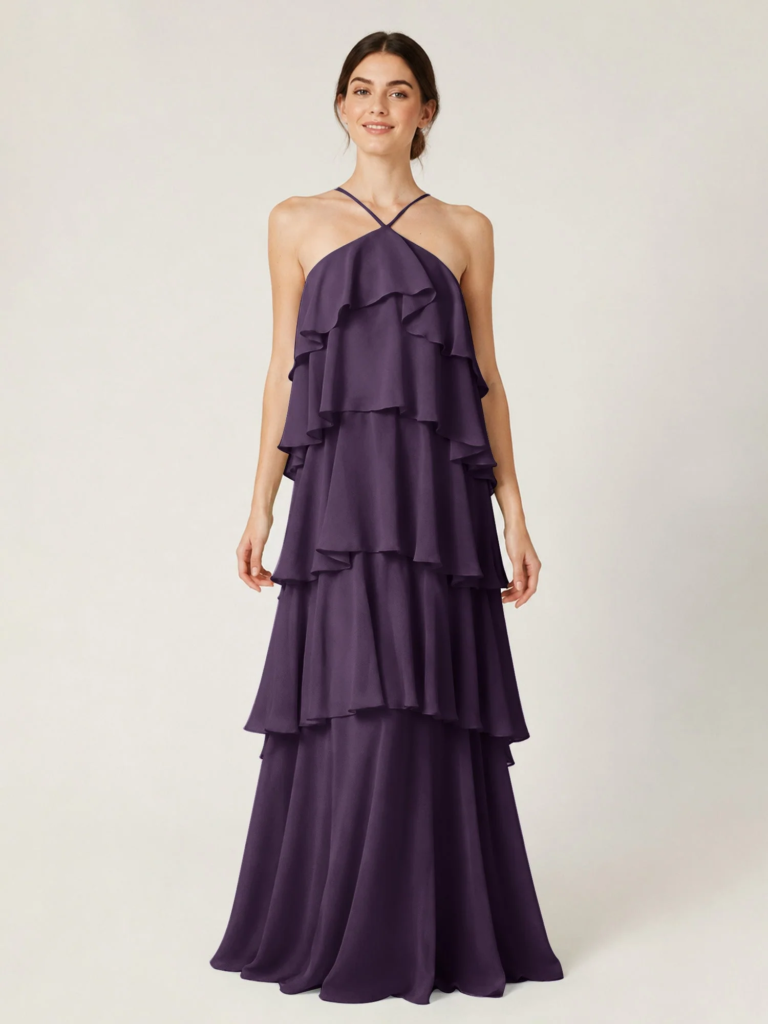 Gestuftes Chiffon Maxikleid mit Neckholder und Volants Plum