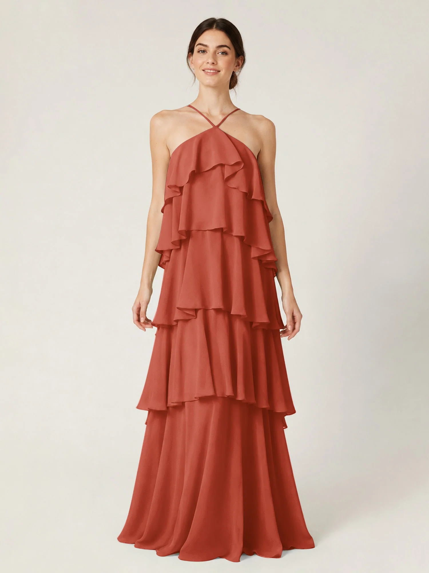 Gestuftes Chiffon Maxikleid mit Neckholder und Volants Rost