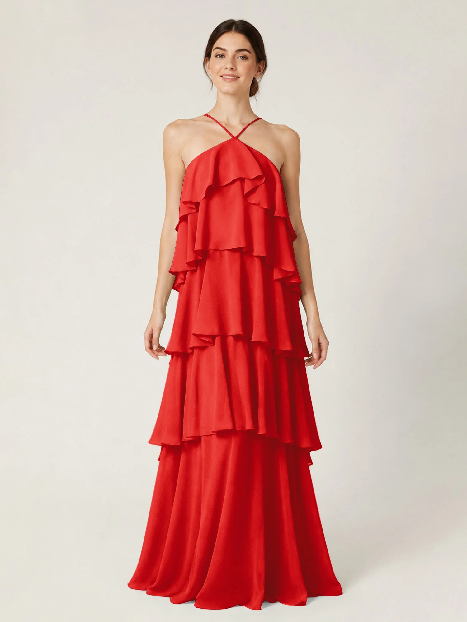 Gestuftes Chiffon Maxikleid mit Neckholder und Volants Rot