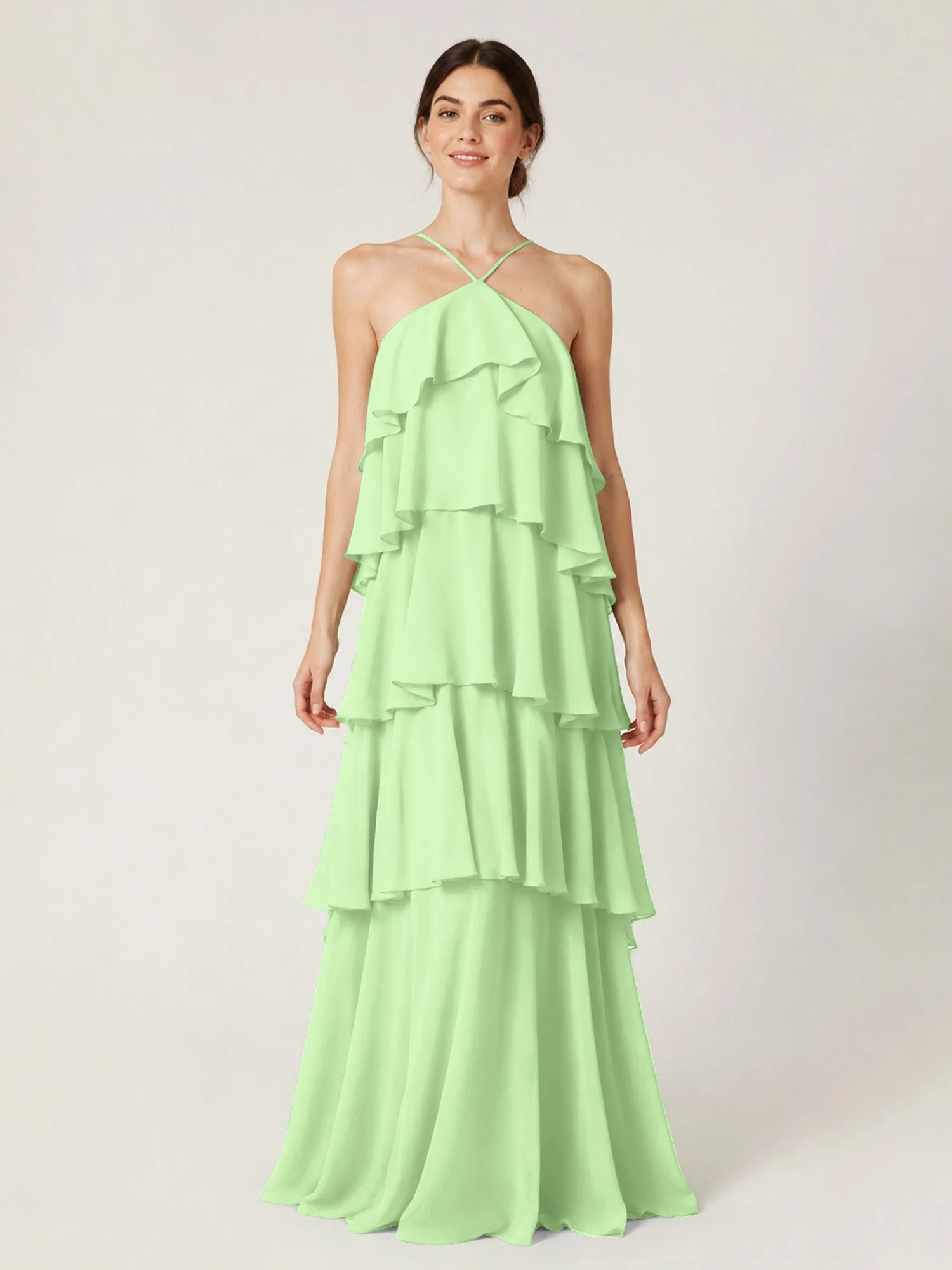 Gestuftes Chiffon Maxikleid mit Neckholder und Volants Salbei