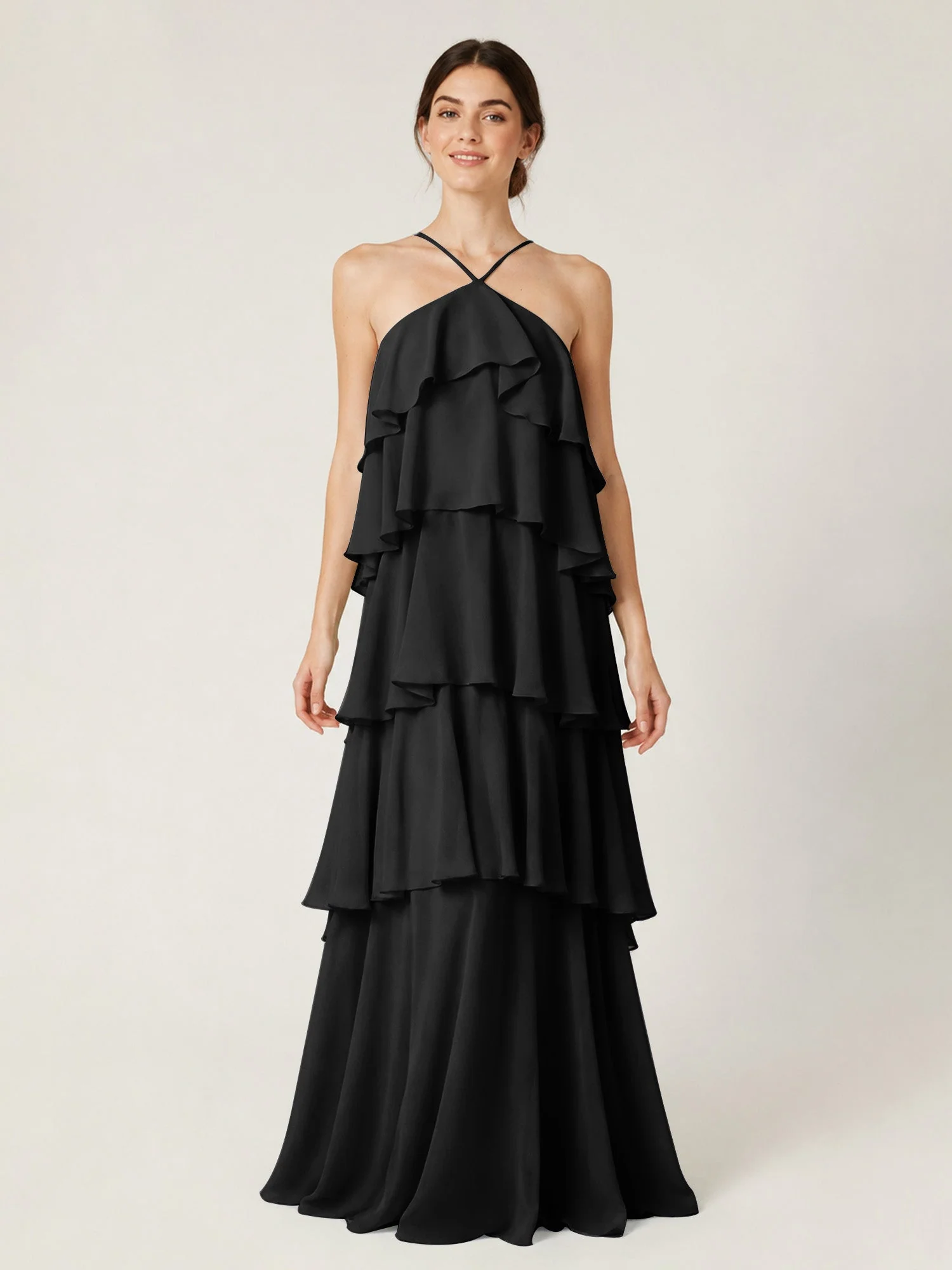 Gestuftes Chiffon Maxikleid mit Neckholder und Volants Schwarz