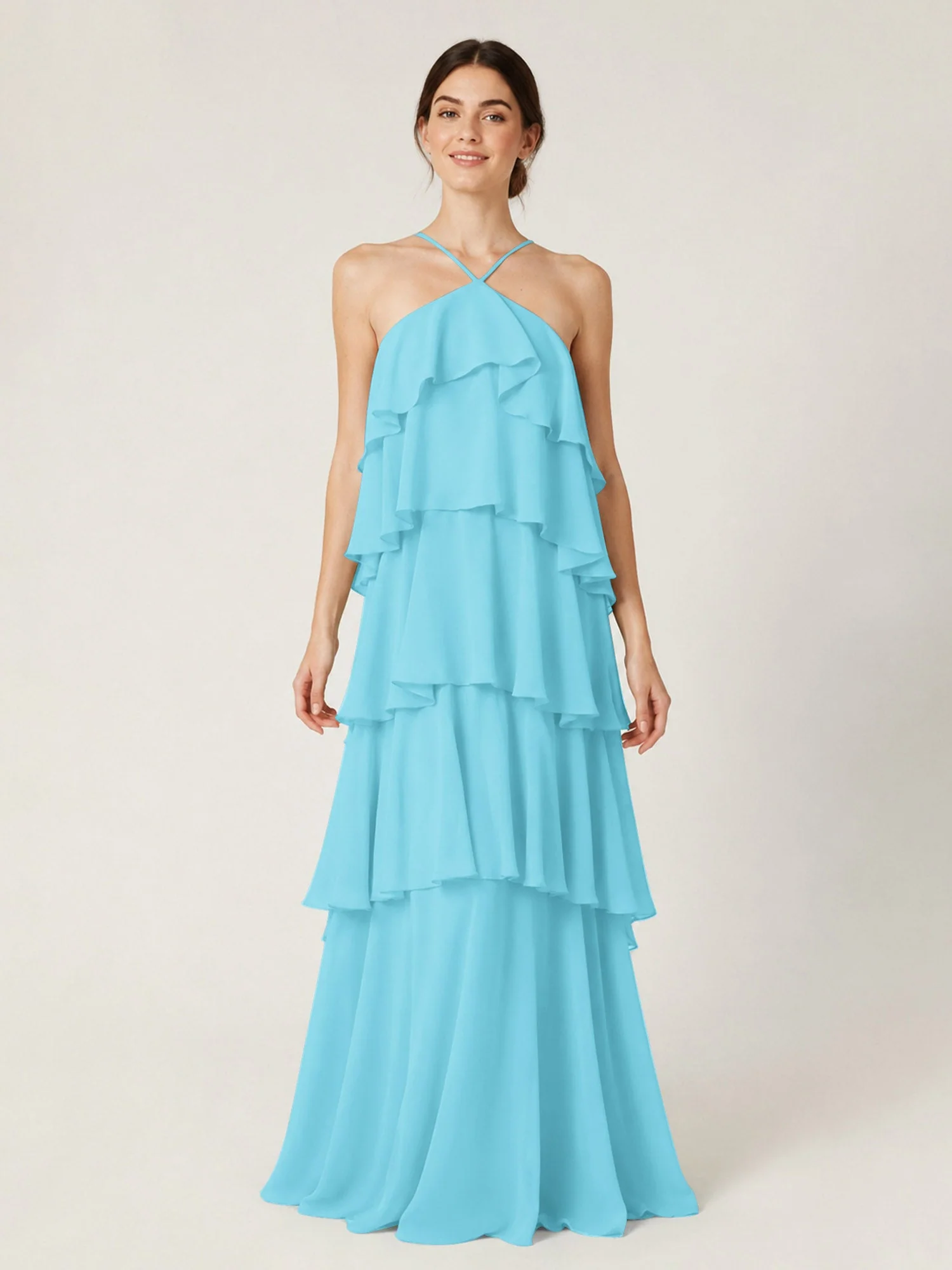 Gestuftes Chiffon Maxikleid mit Neckholder und Volants Schwimmbadblau