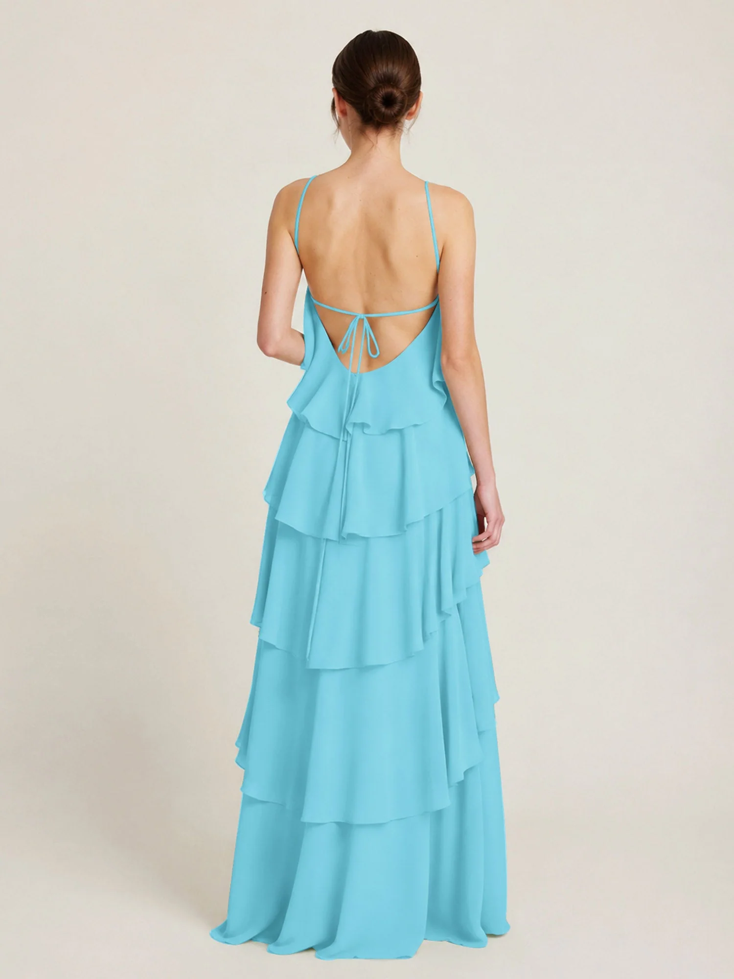 Gestuftes Chiffon Maxikleid mit Neckholder und Volants Schwimmbadblau - Image 2