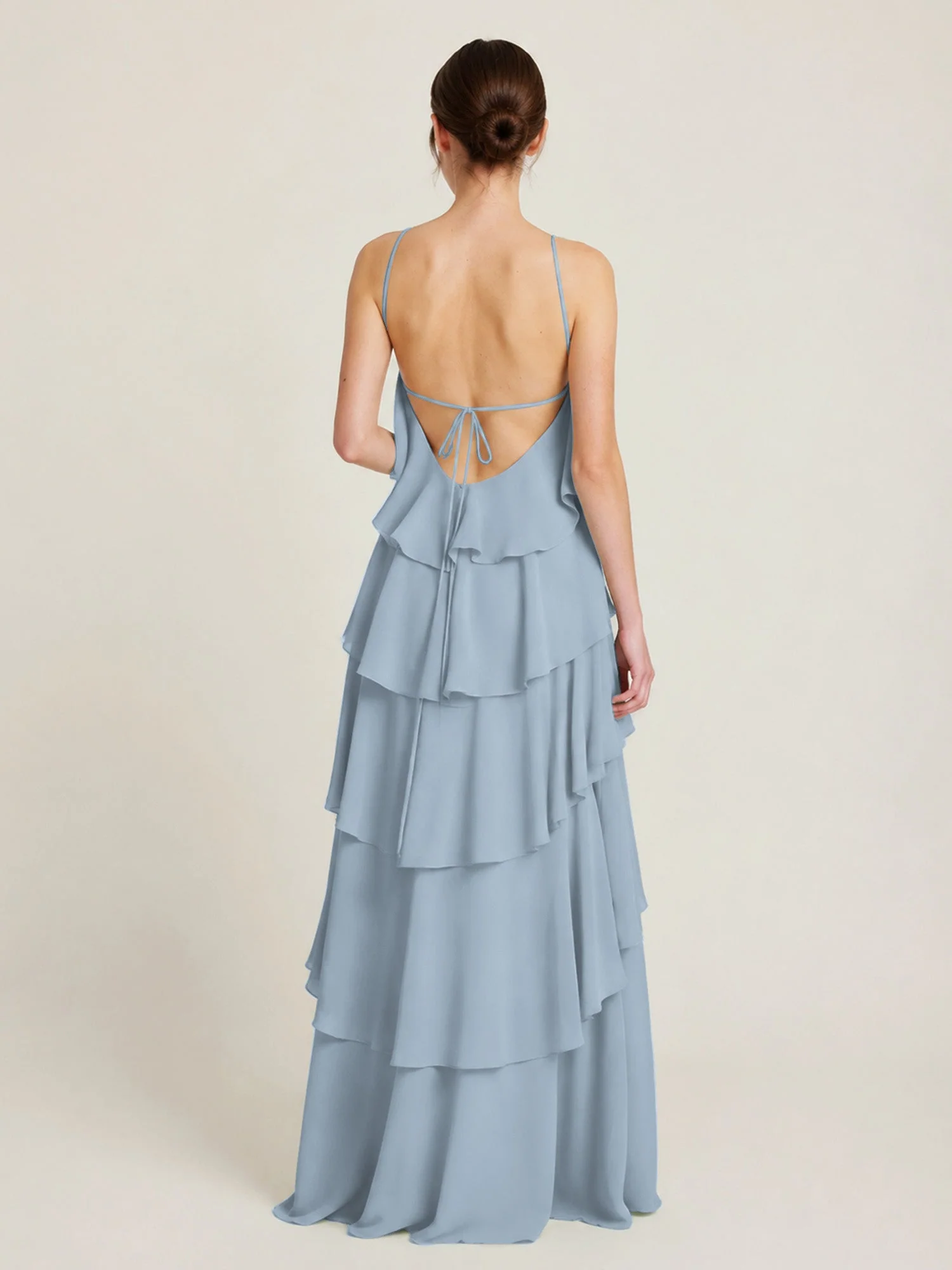 Gestuftes Chiffon Maxikleid mit Neckholder und Volants Staubiges Blau - Image 2