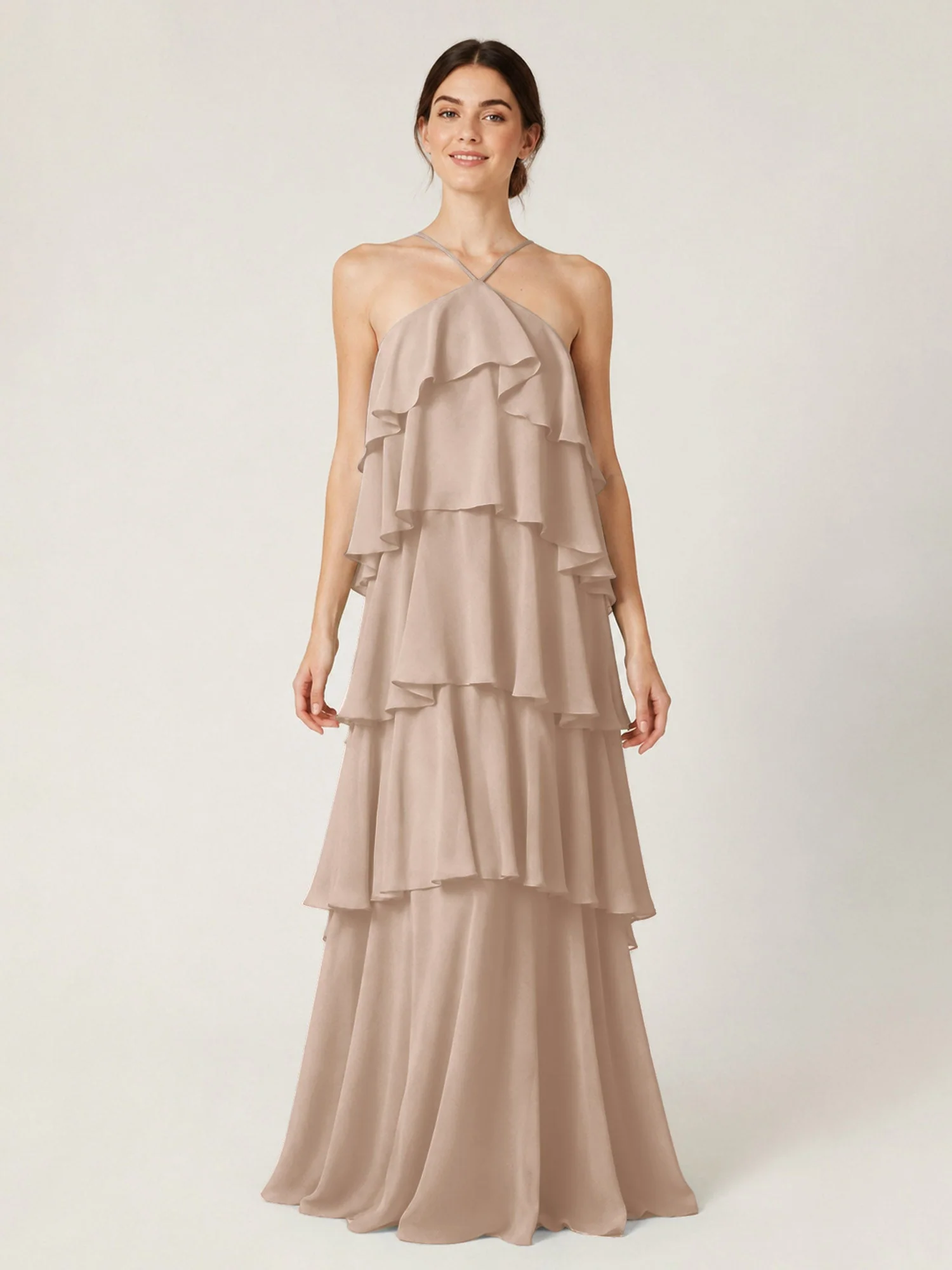 Gestuftes Chiffon Maxikleid mit Neckholder und Volants Taupe