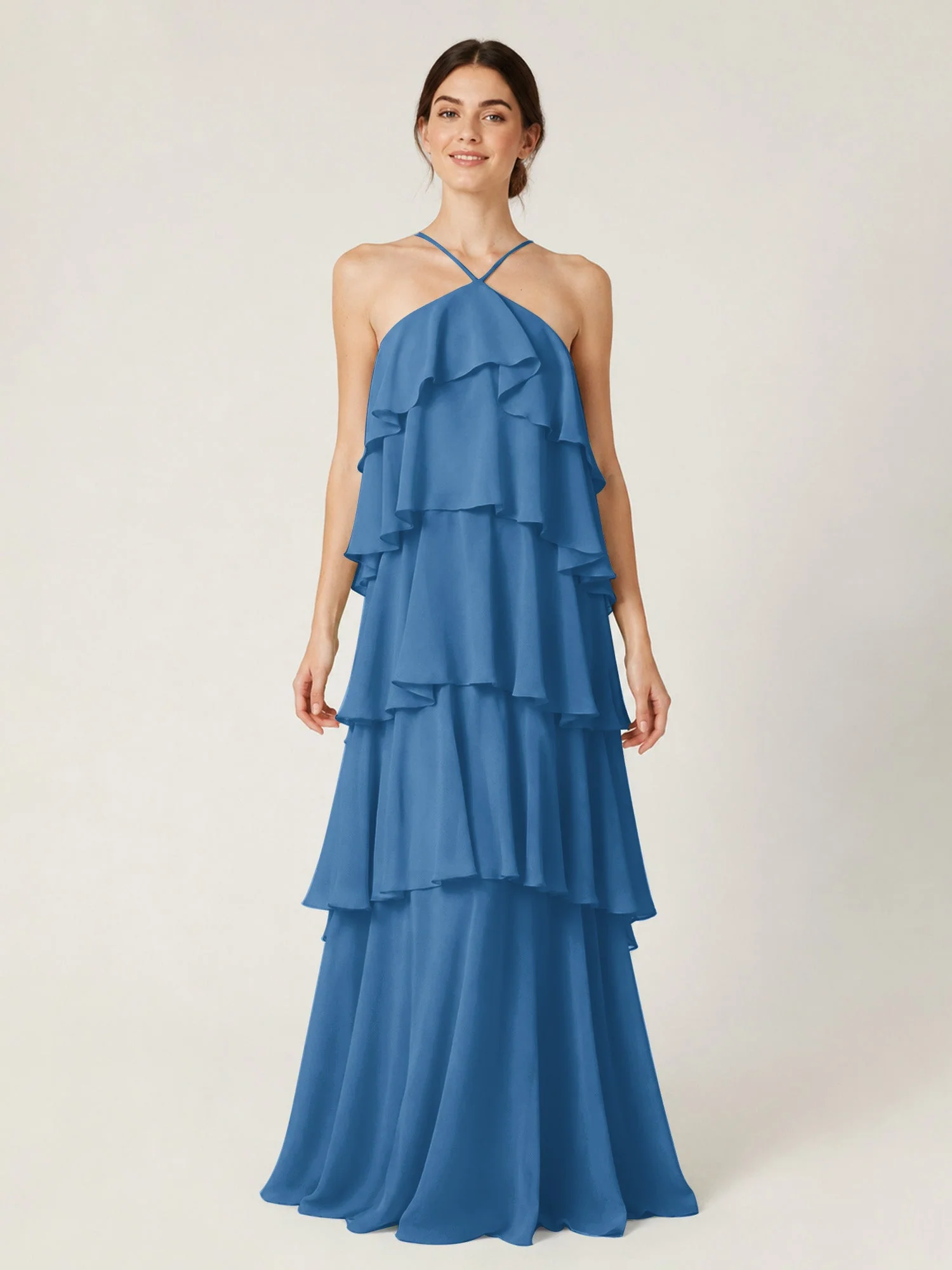 Gestuftes Chiffon Maxikleid mit Neckholder und Volants Tinte Blau