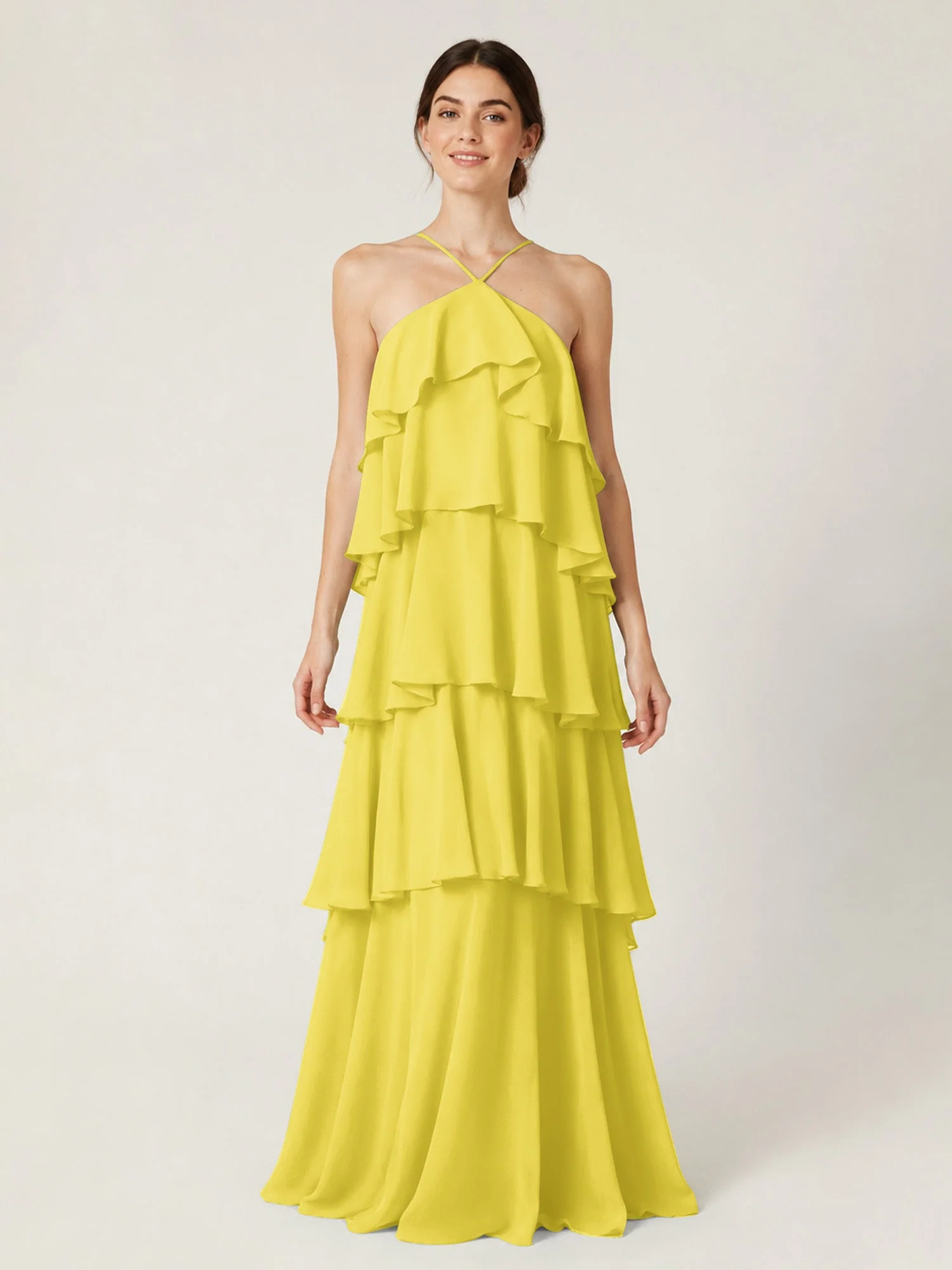Gestuftes Chiffon Maxikleid mit Neckholder und Volants Zitrone